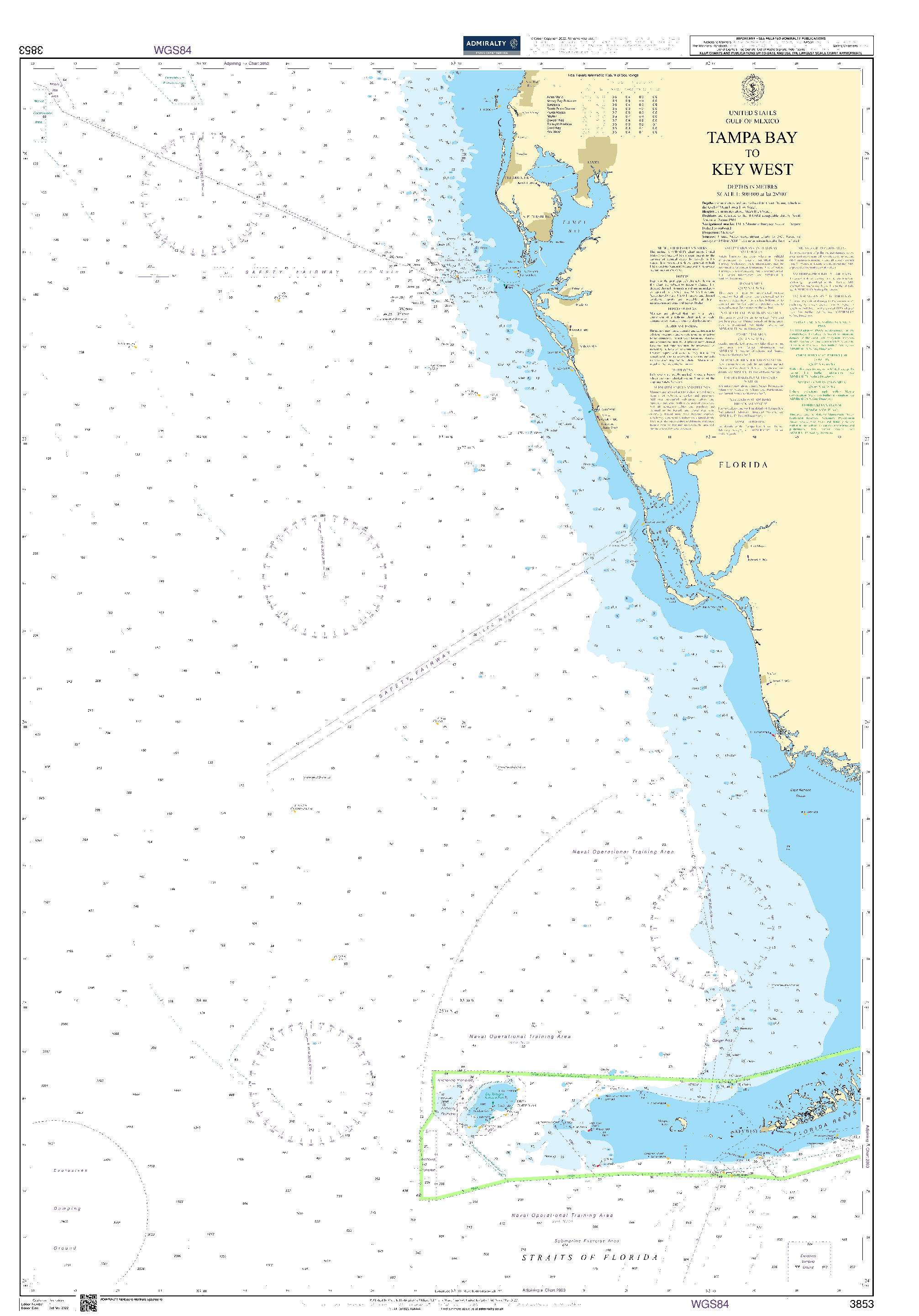 British Admiralty Nautical Chart 3853: Tampa Bay to Key West