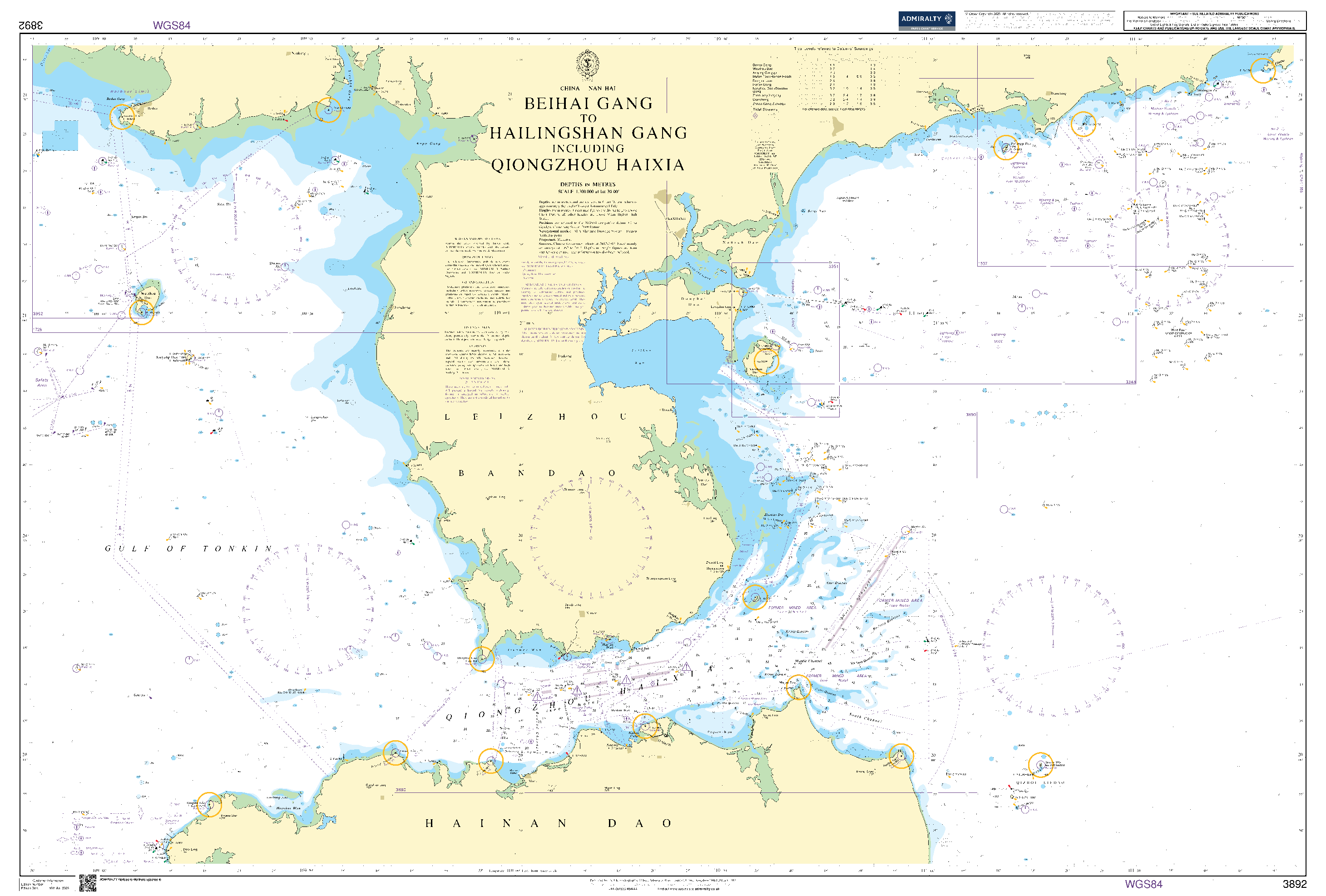 British Admiralty Nautical Chart  3892: China - Nan Hai, Beihai Gang to Hailingshan Gang including Qiongzhou Haixia