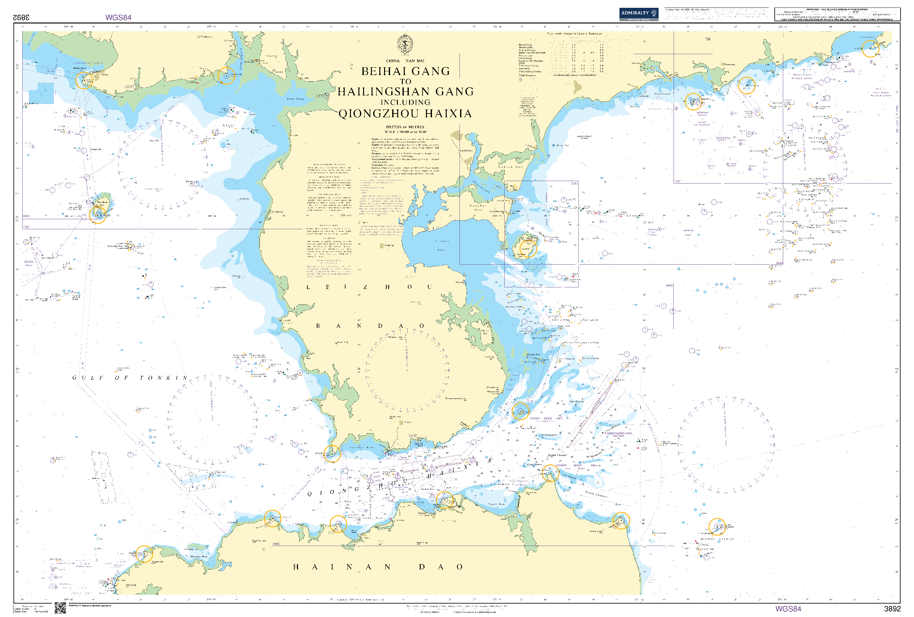 British Admiralty Nautical Chart  3892: China - Nan Hai, Beihai Gang to Hailingshan Gang including Qiongzhou Haixia