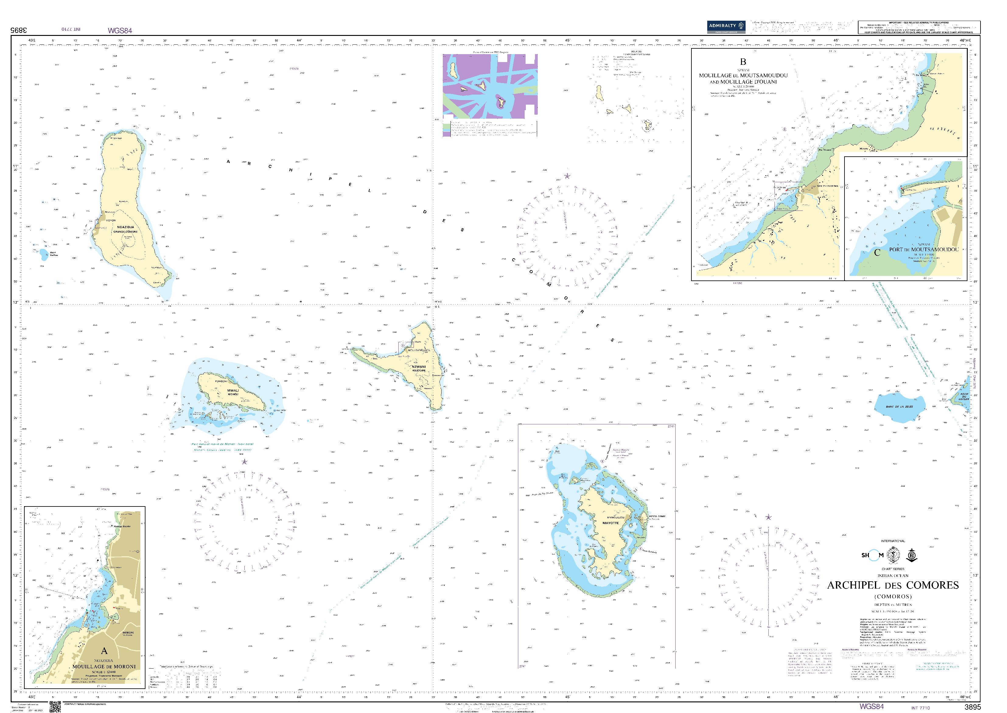 British Admiralty Nautical Chart  3895: Indian Ocean, Archipel des Comores (Comoros)