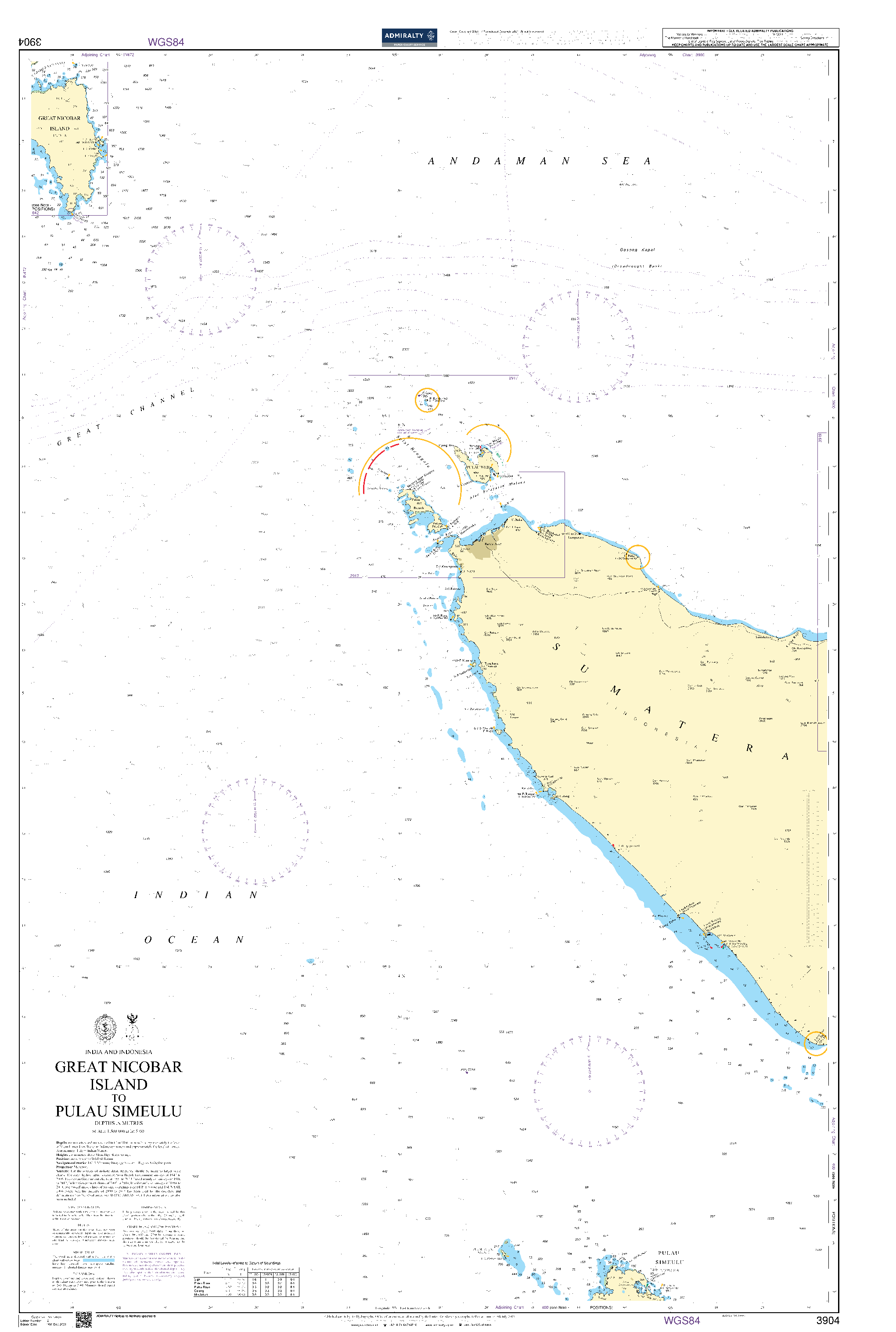 British Admiralty Nautical Chart 3904: India and Indonesia, Great Nicobar Island to Pulau Simeulu