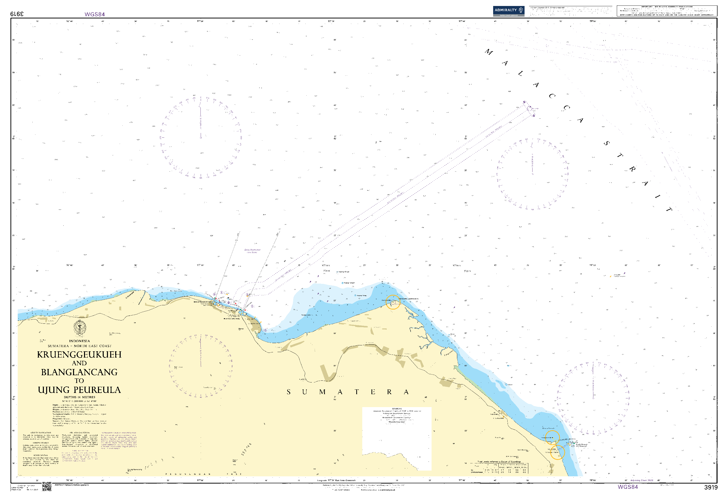 British Admiralty Nautical Chart  3919: Indonesia, Sumatera – North East Coast, Kruenggeukueh and Blanglancang to Ujung Peureula