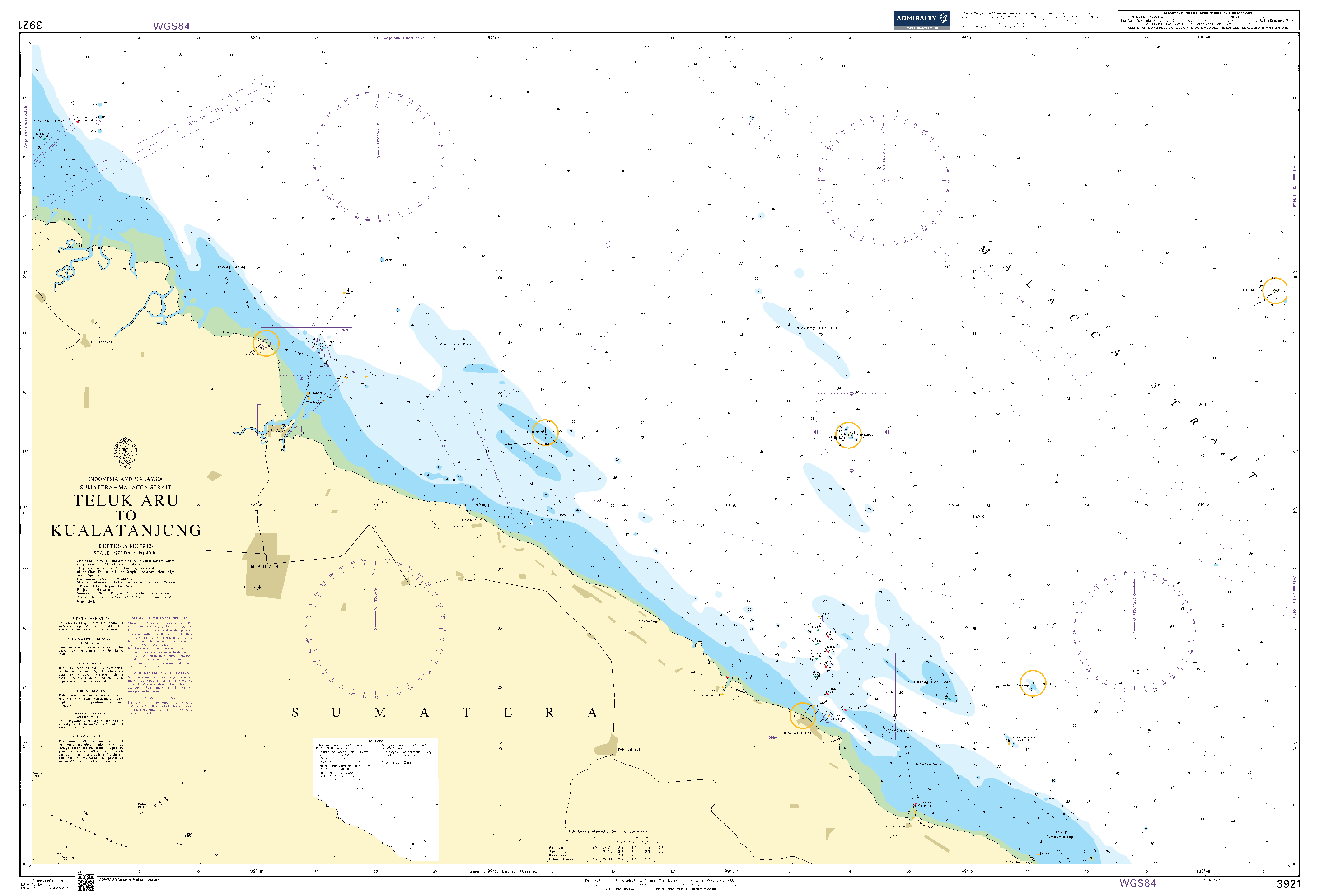 British Admiralty Nautical Chart 3921: Indonesia and Malaysia, Sumatera – Malacca Strait, Teluk Aru to Kualatanjung
