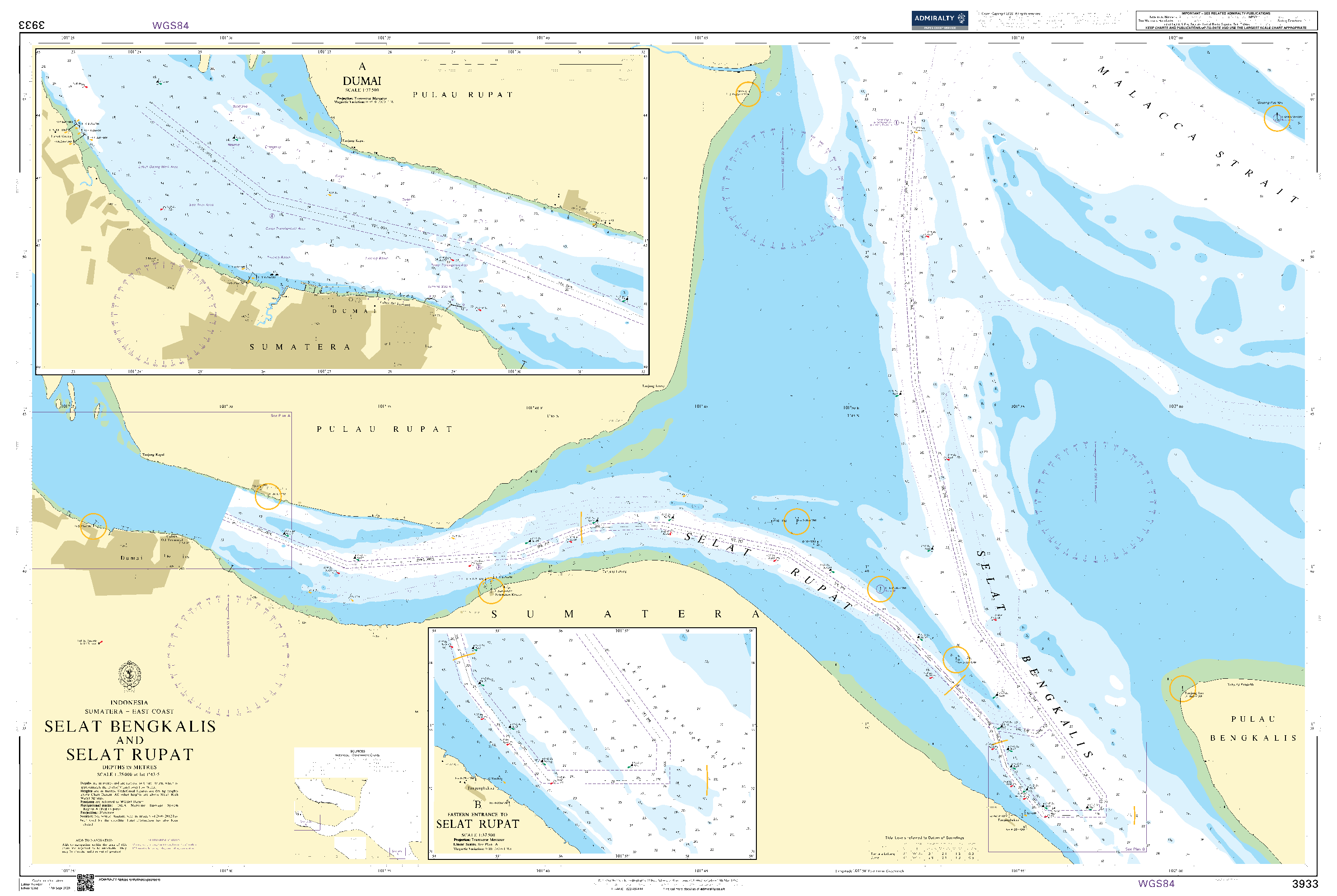 British Admiralty Nautical Chart 3933: Indonesia, Sumatera – East Coast, Selat Bengkalis and Selat Rupat