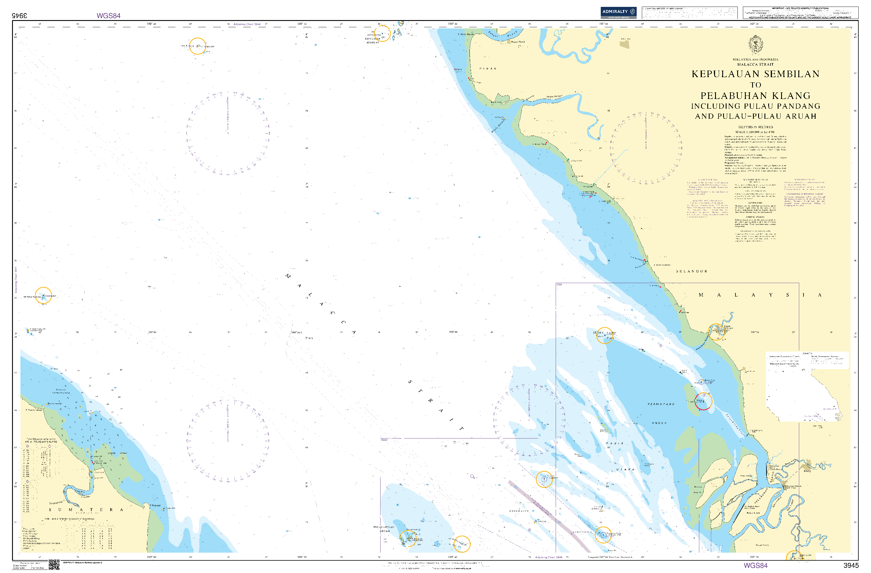 British Admiralty Nautical Chart 3945: Malaysia and Indonesia, Malacca Strait, Kepulauan Sembilan to Pelabuhan Klang including Pulau Pandang and Pulau-pulau Aruah