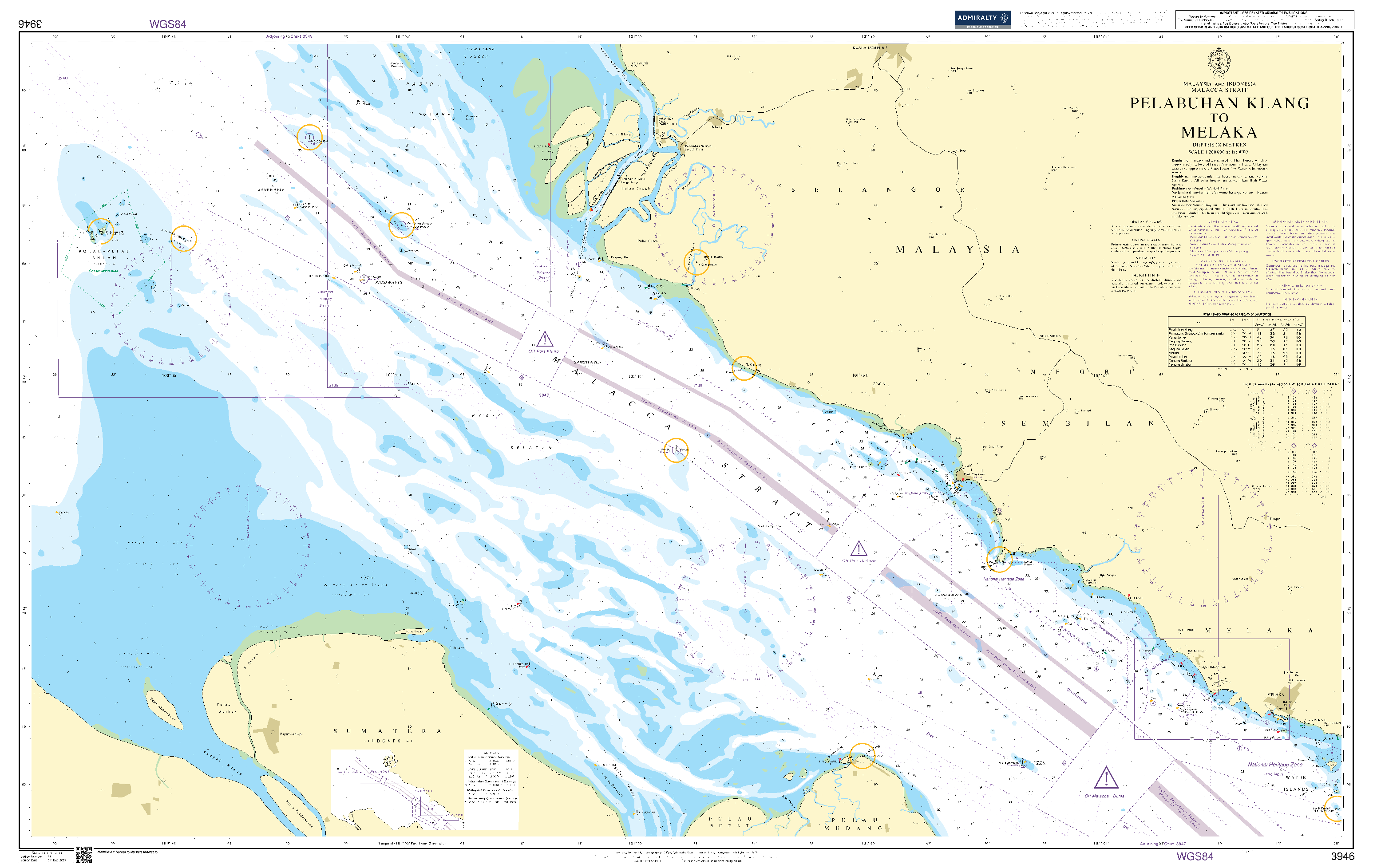 British Admiralty Nautical Chart 3946: Malaysia and Indonesia, Malacca Strait, Pelabuhan Klang to Melaka
