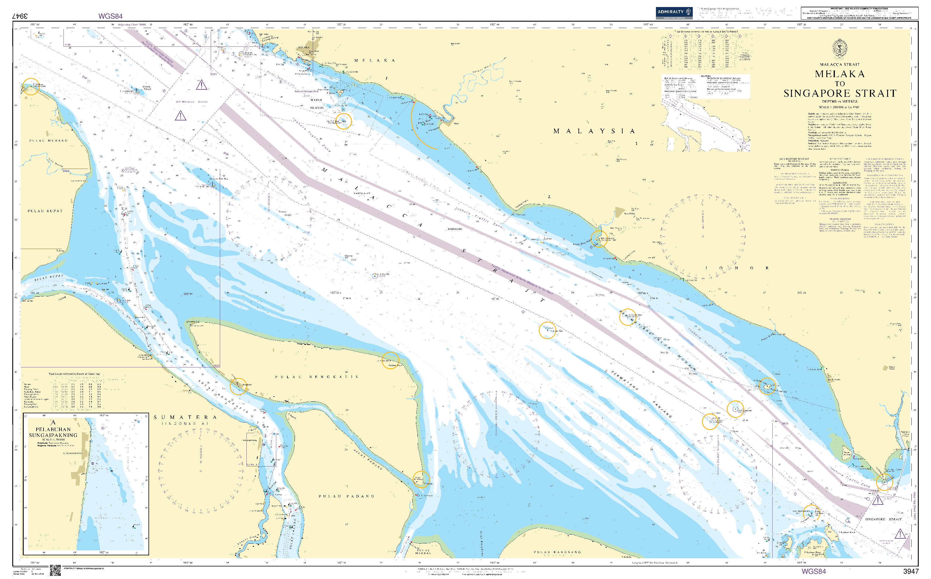 British Admiralty Nautical Chart 3947: Malacca Strait, Melaka to Singapore Strait