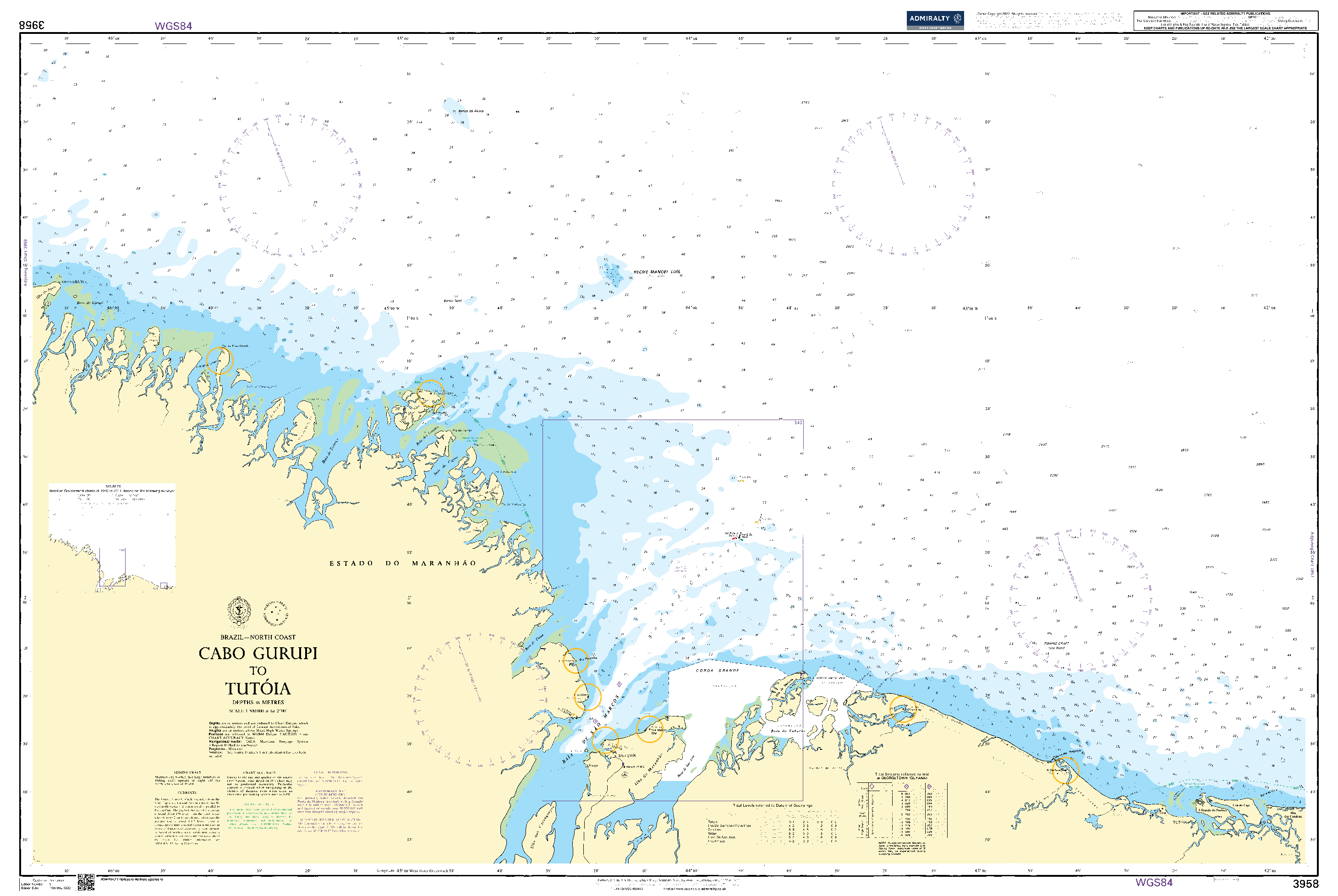 British Admiralty Nautical Chart 3958: Cabo Gurupi to Tutoia