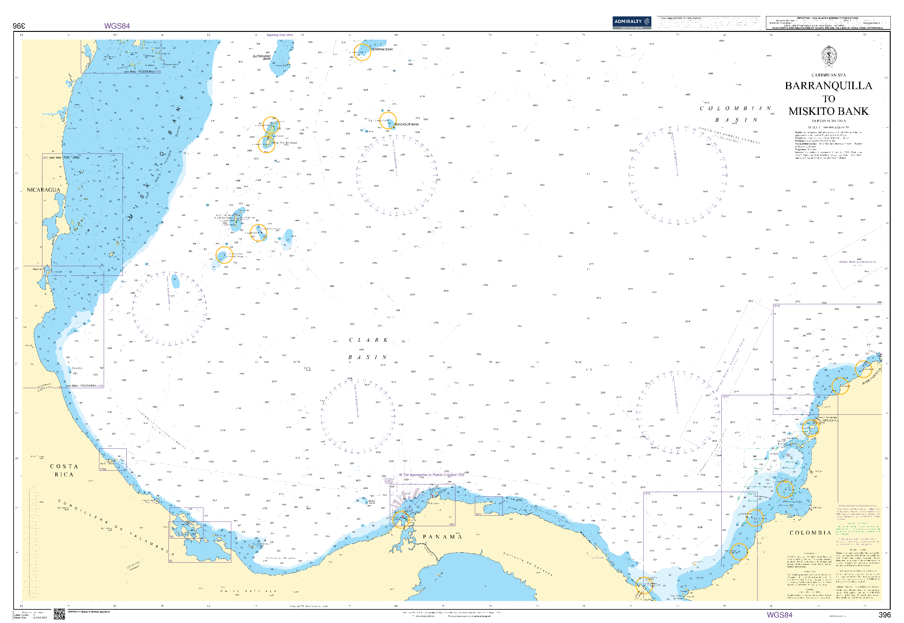 British Admiralty Nautical Chart 396: Caribbean Sea, Barranquilla to Miskito Bank