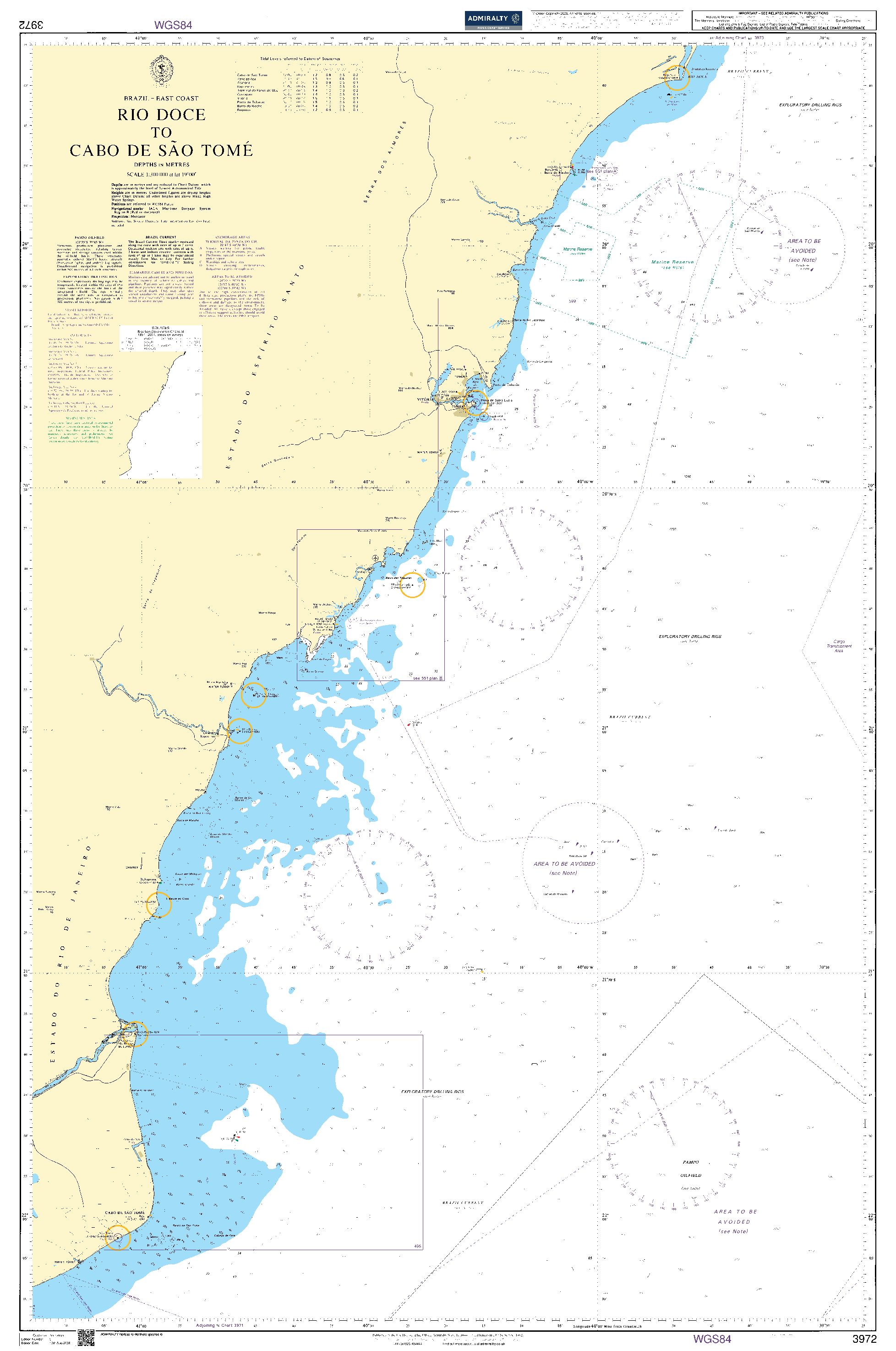British Admiralty Nautical Chart 3972: Rio Doce to Cabo de Sao Tome