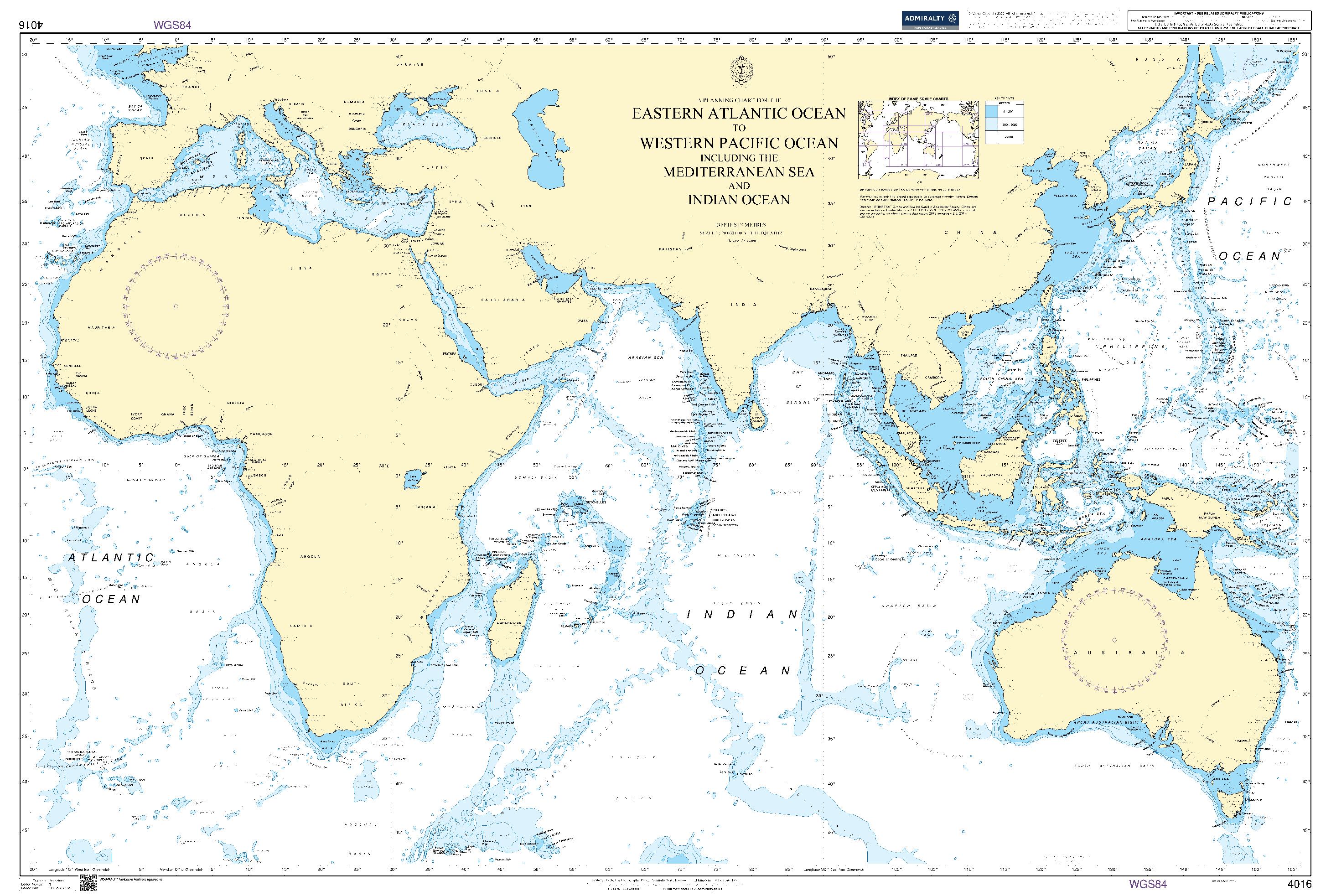 British Admiralty Nautical Chart 4016: A Planning Chart for the Eastern Atlantic Ocean to Western Pacific Ocean including the Mediterranean Sea and Indian Ocean