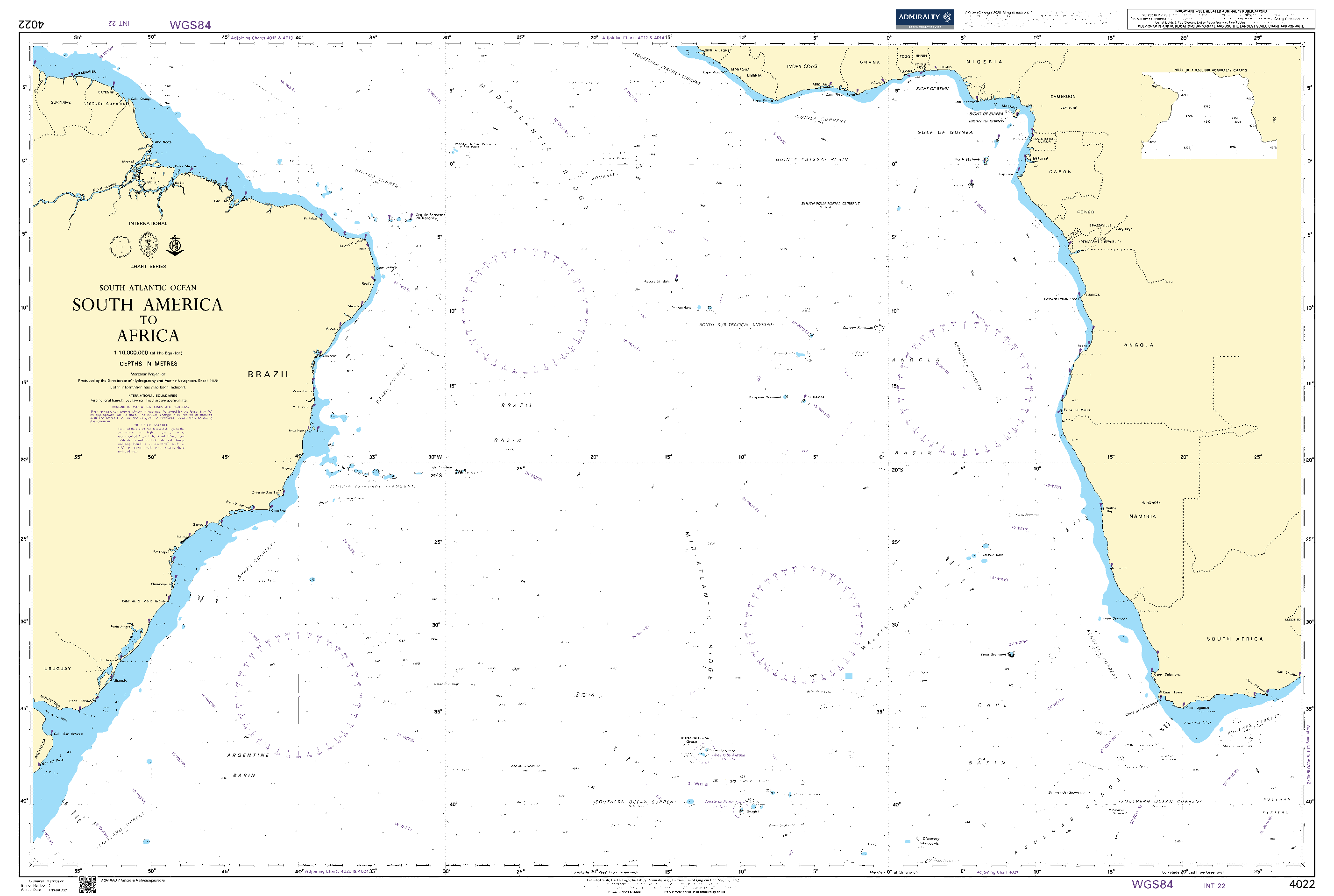 British Admiralty Nautical Chart 4022: South America to Africa
