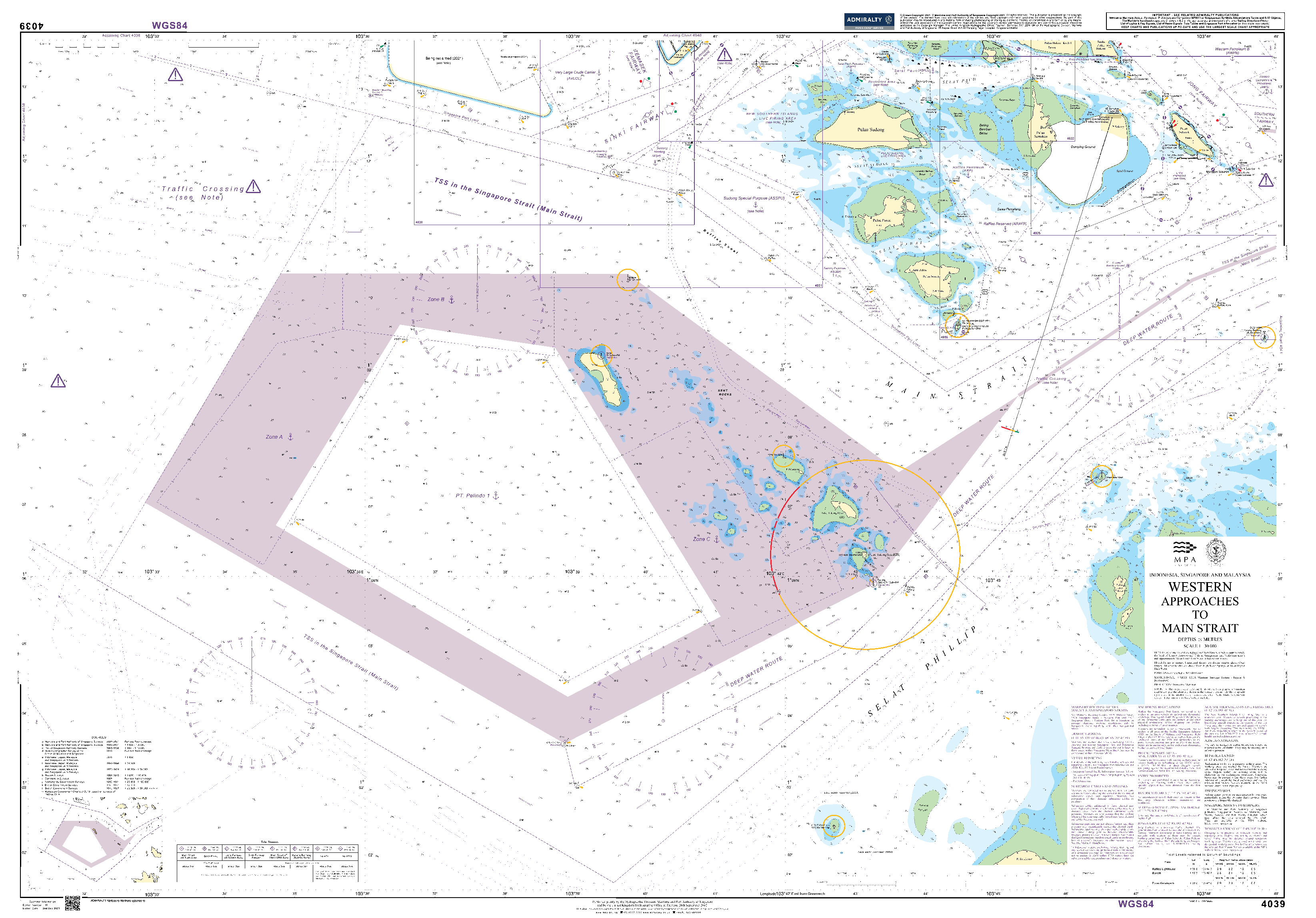 British Admiralty Nautical Chart 4039: Indonesia, Singapore and Malaysia, Western Approaches to Main Strait
