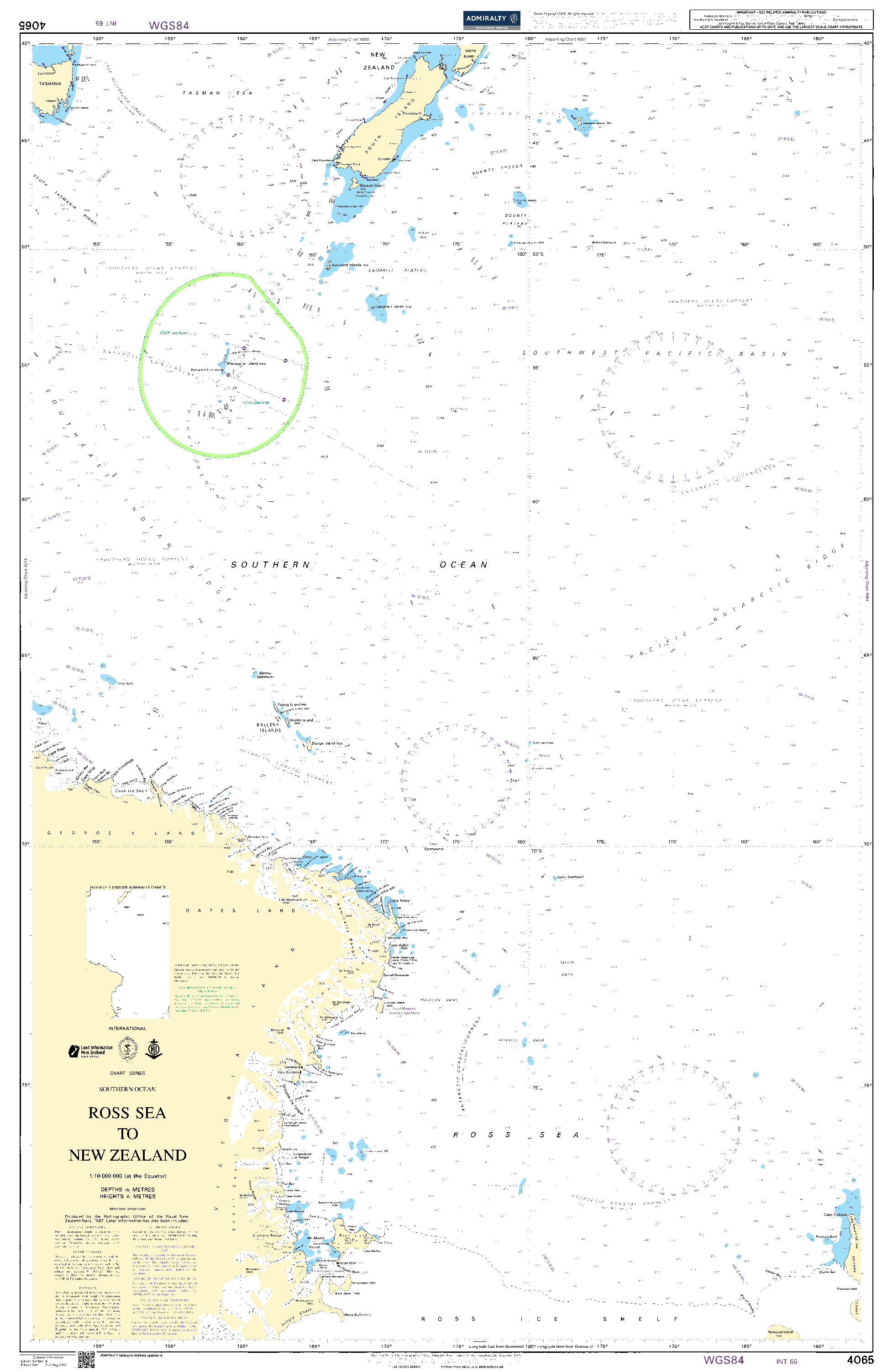 British Admiralty Nautical Chart 4065: Southern Ocean, Ross Sea to New Zealand