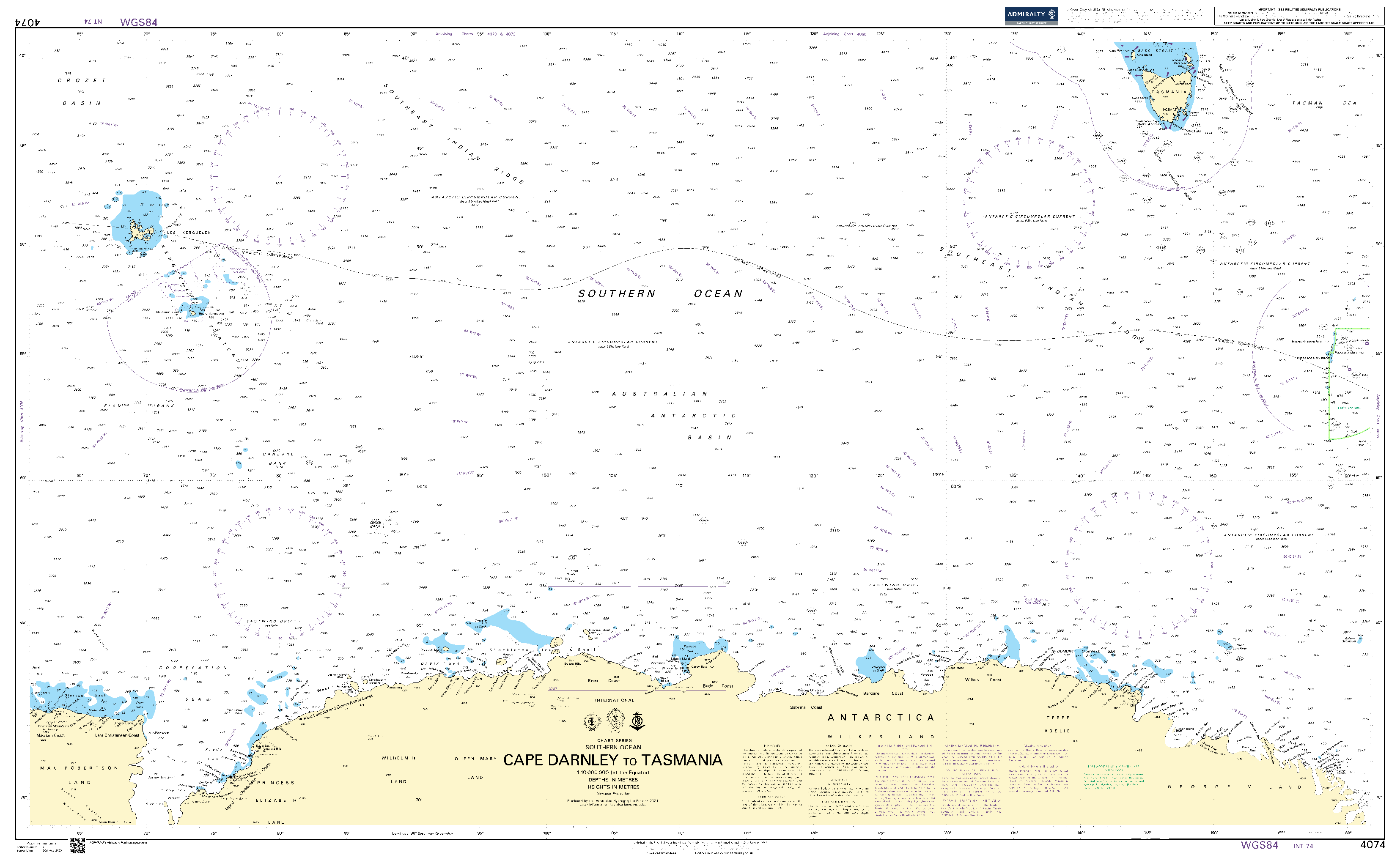 British Admiralty Nautical Chart 4074: Southern Ocean, Cape Darnley to Tasmania