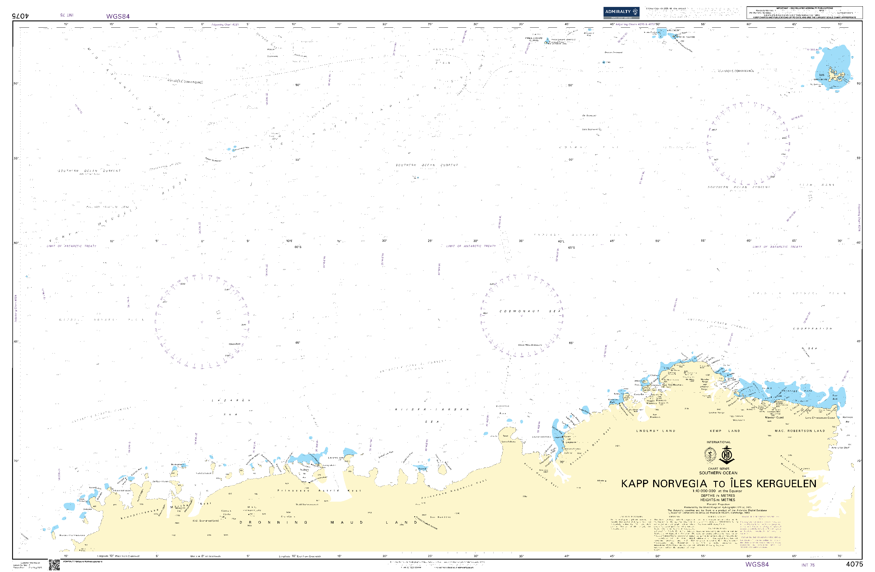 British Admiralty Nautical Chart 4075: Southern Ocean, Kapp Norvegia to Îles Kerguelen