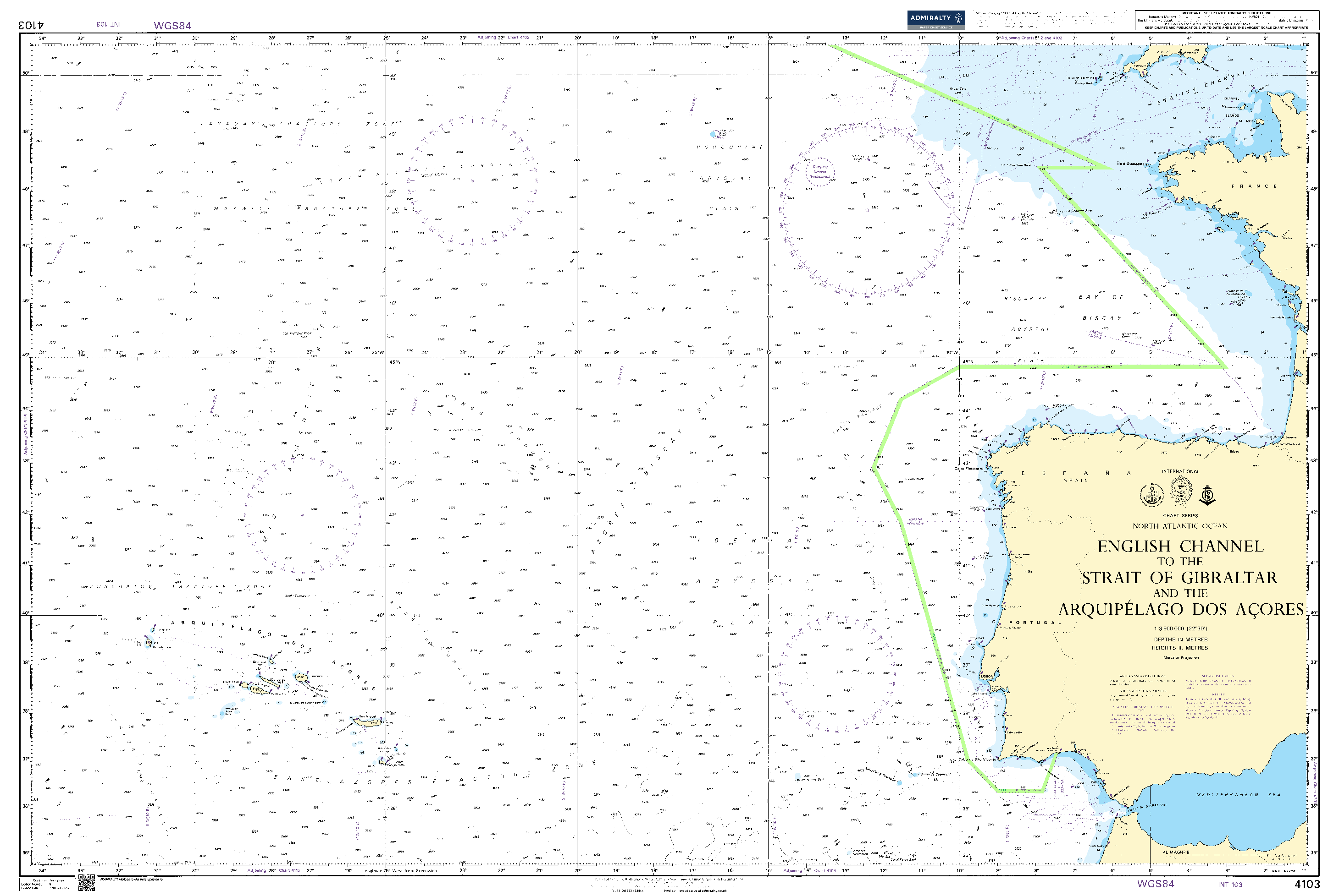 British Admiralty Nautical Chart 4103: North Atlantic Ocean, English Channel to the Strait of Gibraltar and the Arquipélago Dos Açores