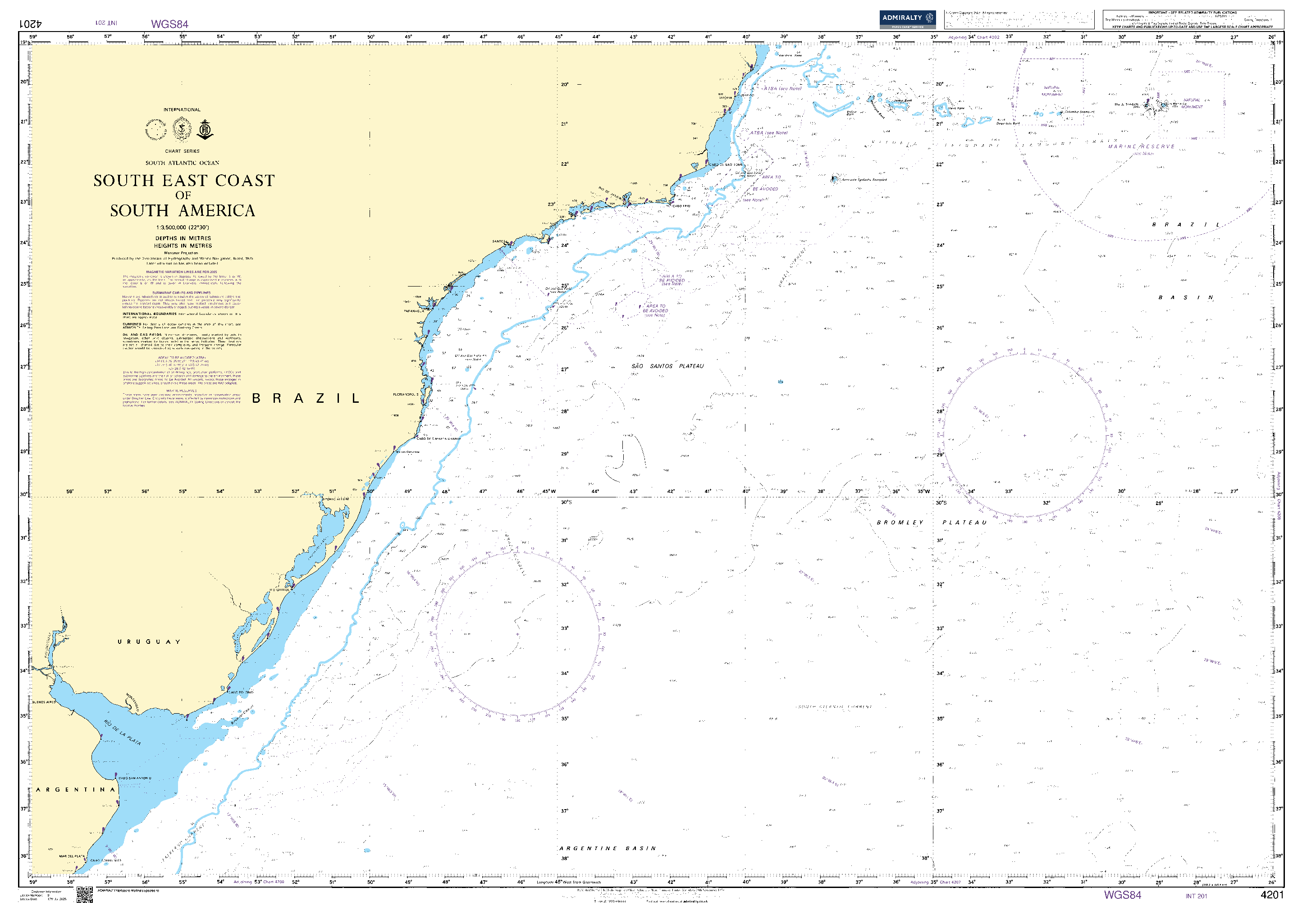 British Admiralty Nautical Chart 4201: Southeast Coast of South America