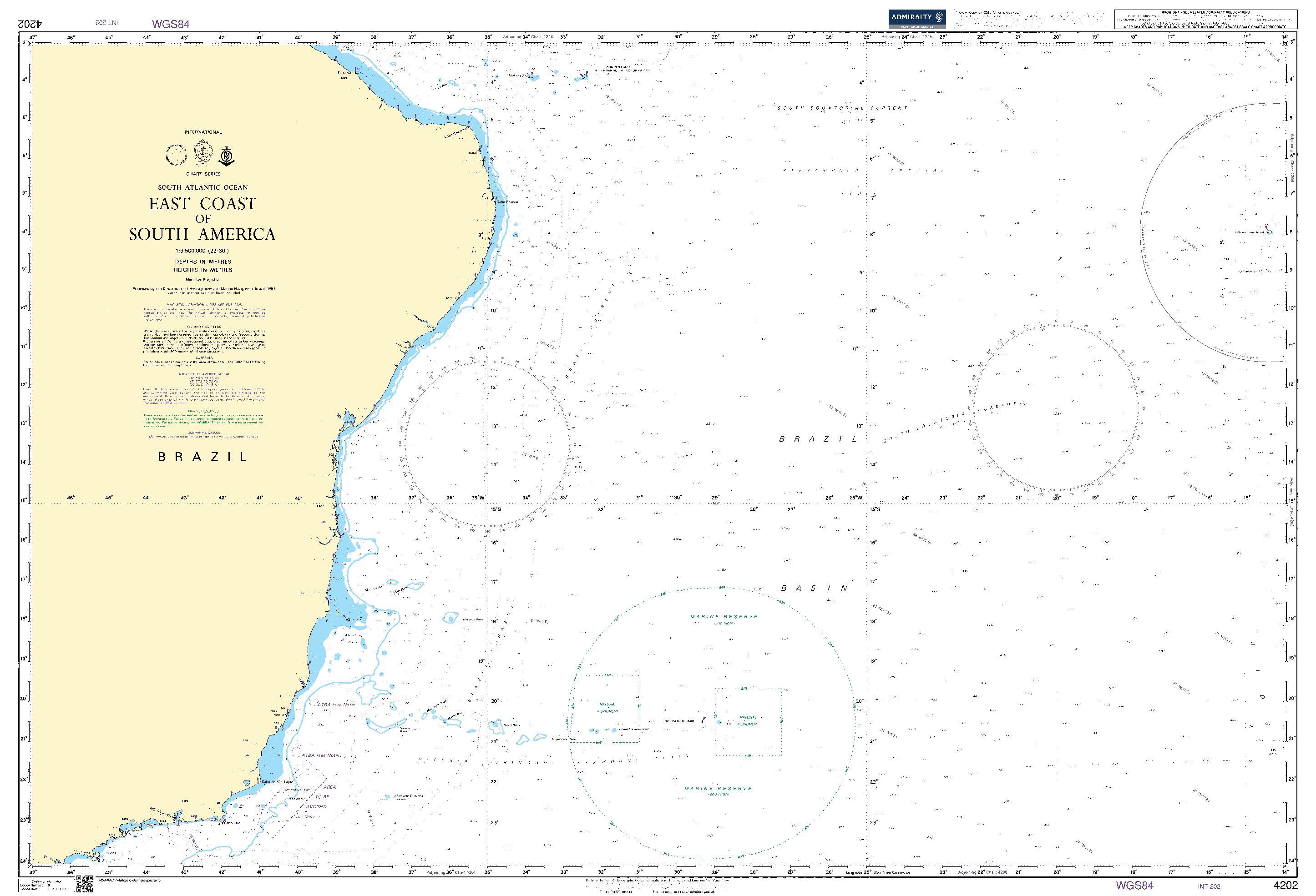 British Admiralty Nautical Chart 4202: East Coast of South America