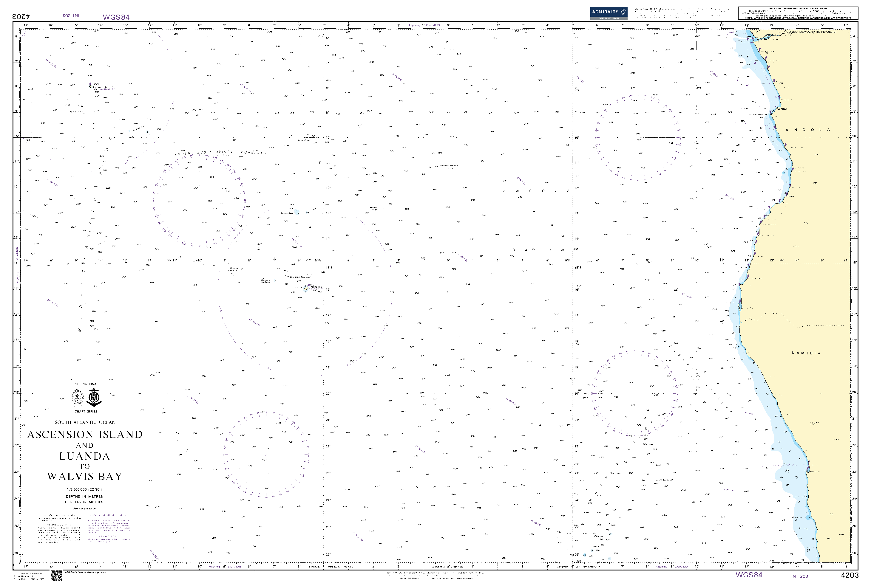 British Admiralty Nautical Chart 4203: South Atlantic Ocean, Ascension Island and Luanda to Walvis Bay