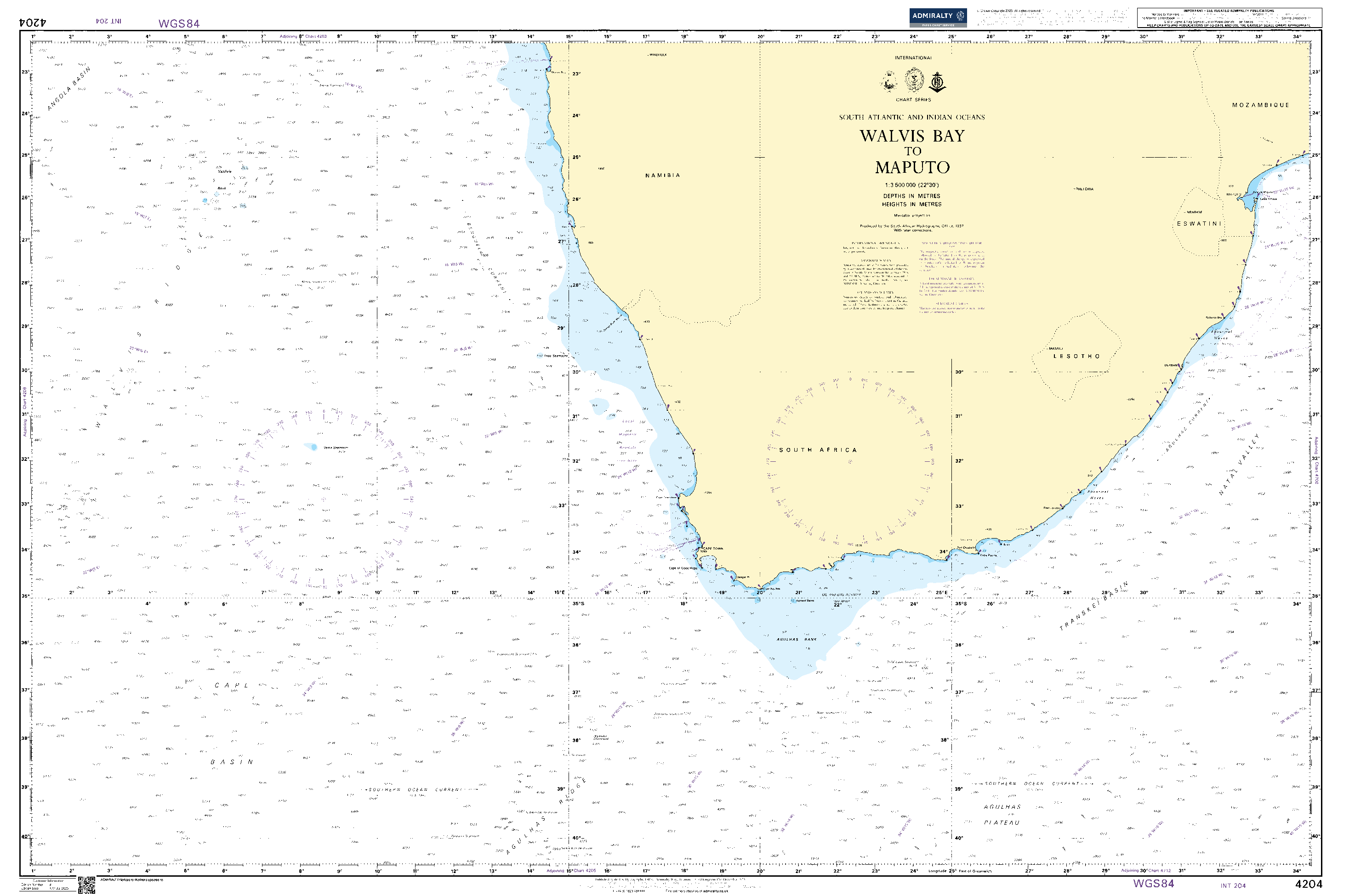 British Admiralty Nautical Chart 4204: South Atlantic and Indian Oceans, Walvis Bay to Maputo