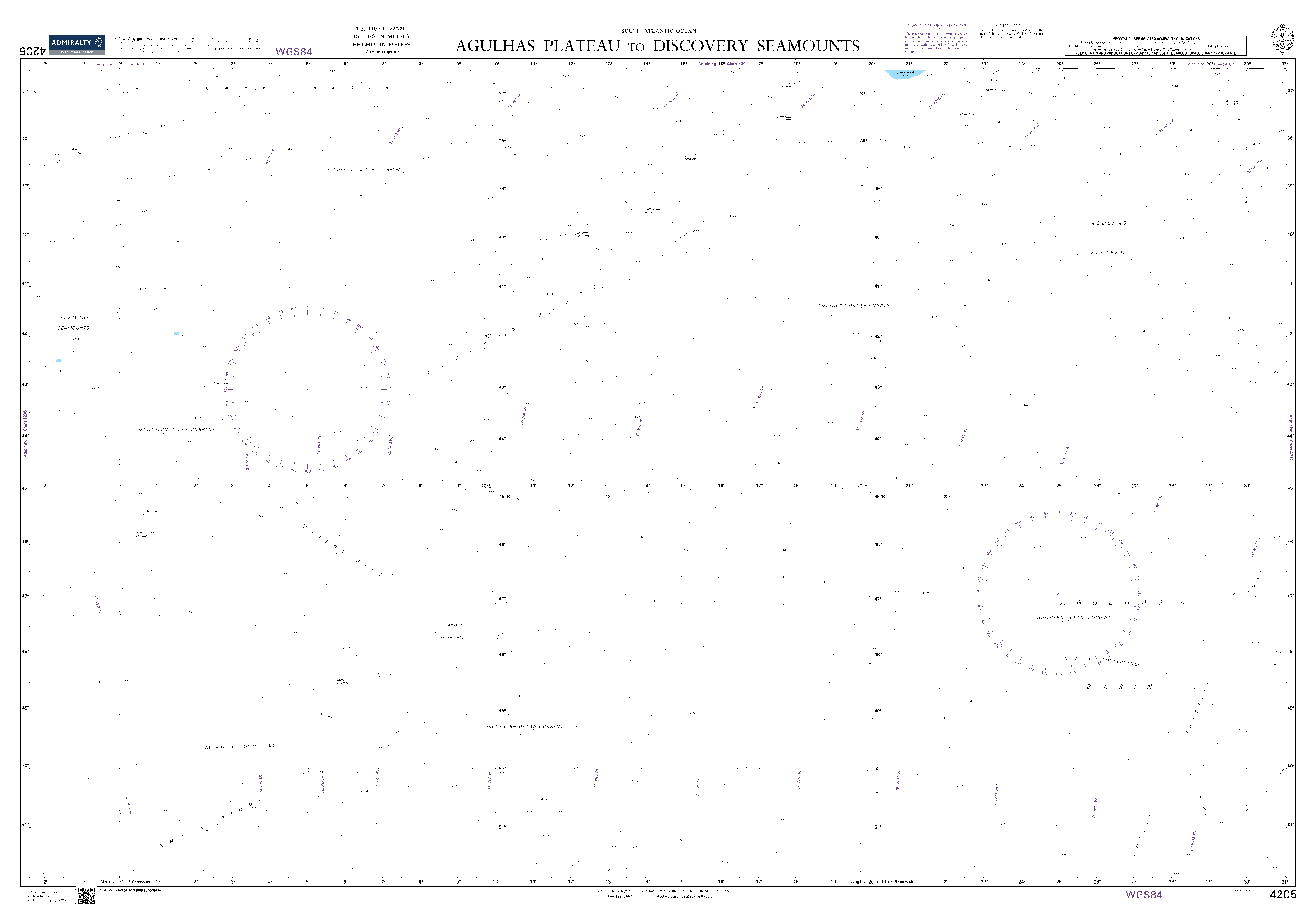 British Admiralty Nautical Chart 4205: South Atlantic Ocean, Agulhas Plateau to Discovery Seamounts