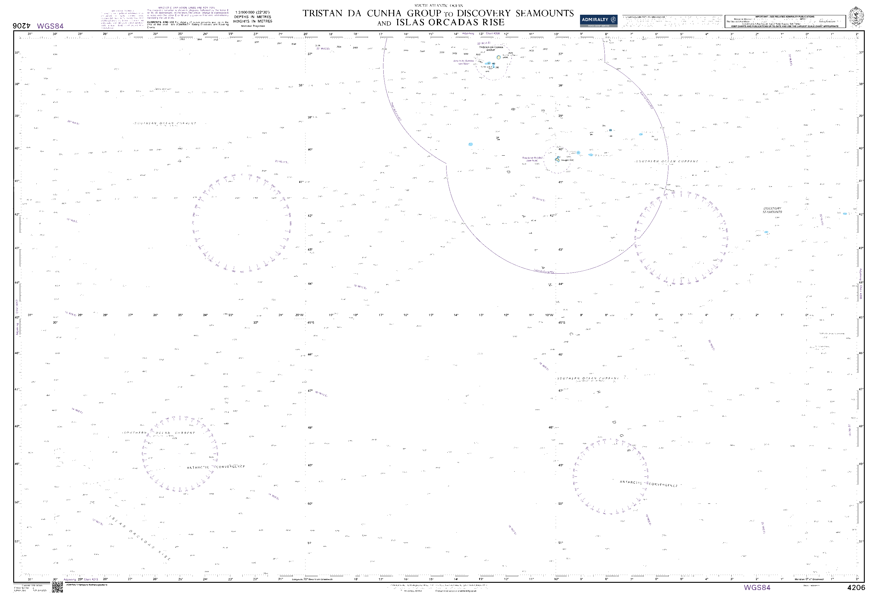 British Admiralty Nautical Chart 4206: Tristan da Cunha Group to Discovery Seamounts and Islas Orcadas Rise