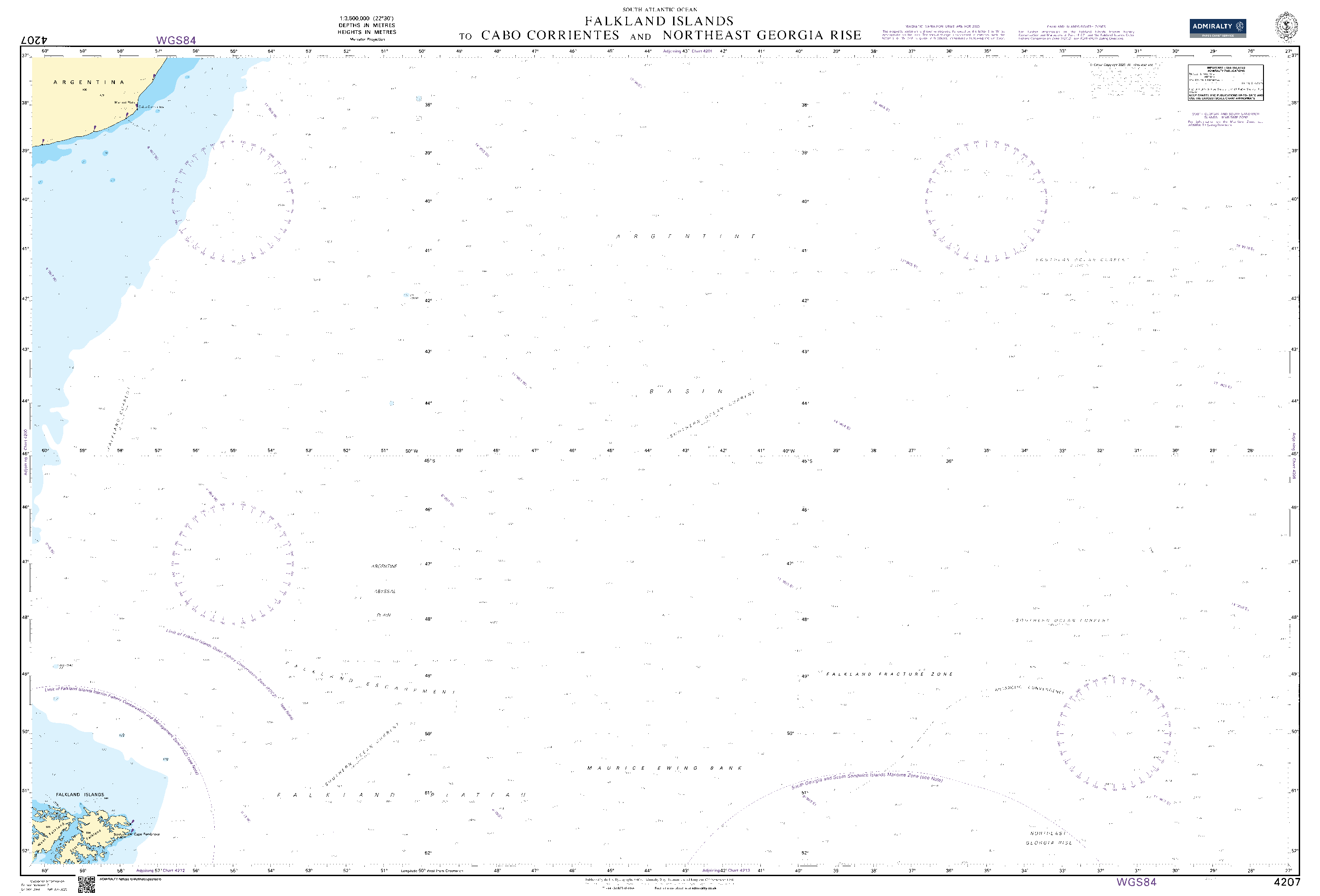 British Admiralty Nautical Chart 4207: Falkland Islands to Cabo Corrientes and Northeast Georgia Rise