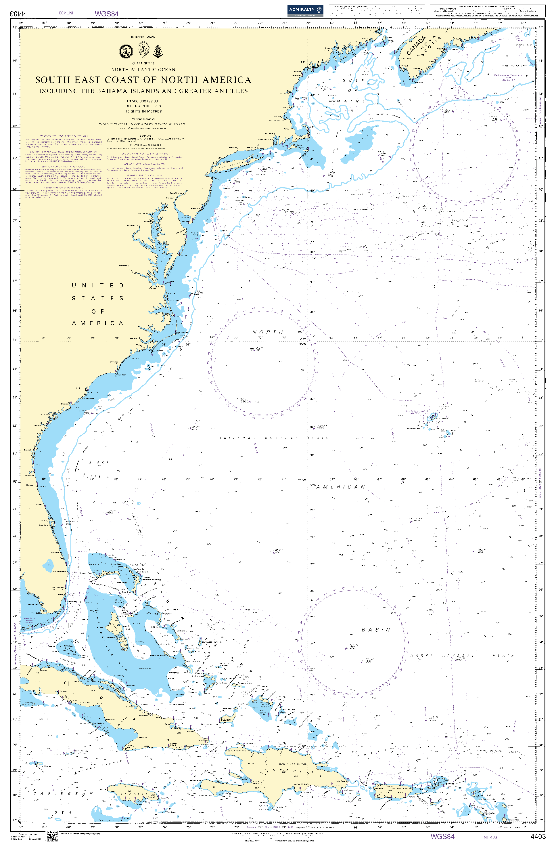 British Admiralty Nautical Chart 4403: Southeast Coast of North America including the Bahama Islands and Greater Antilles