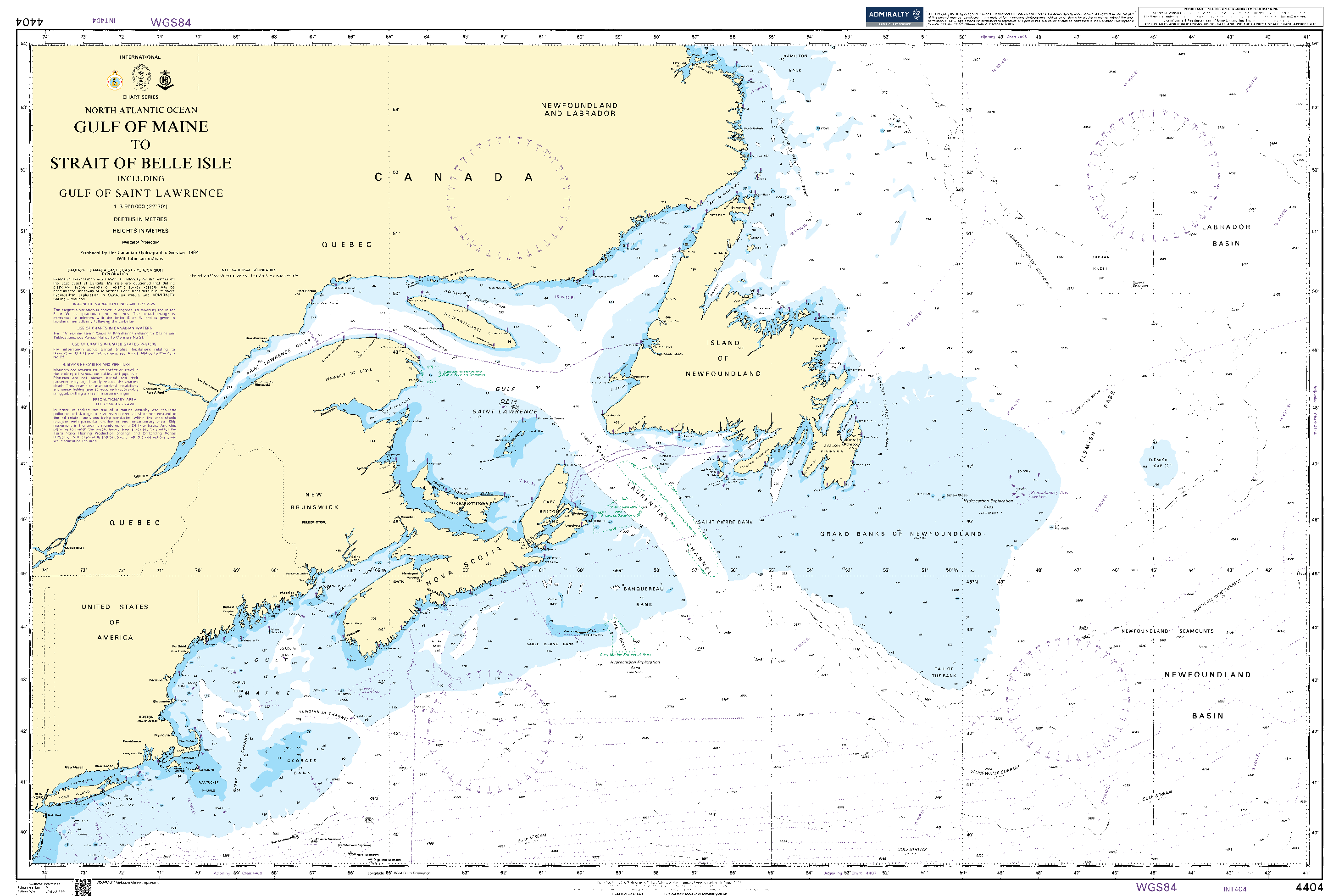 British Admiralty Nautical Chart 4404: North Atlantic Ocean, Gulf of Maine to Strait of Belle Isle including Gulf of Saint Lawrence