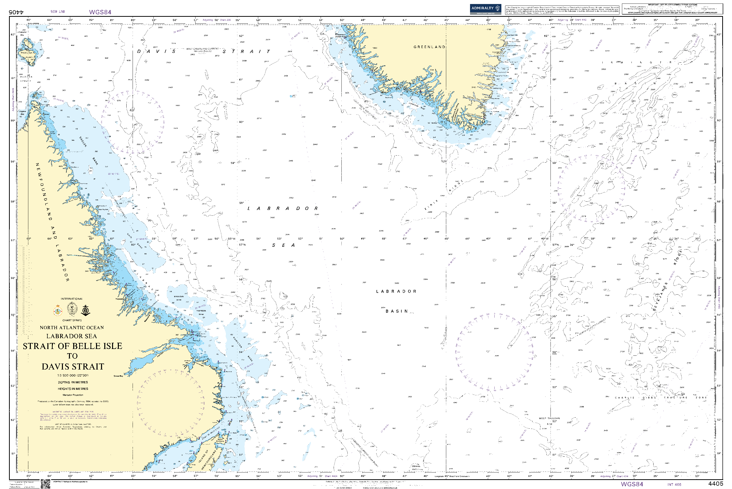 British Admiralty Nautical Chart 4405: North Atlantic Ocean, Labrador Sea, Strait of Belle Isle to Davis Strait