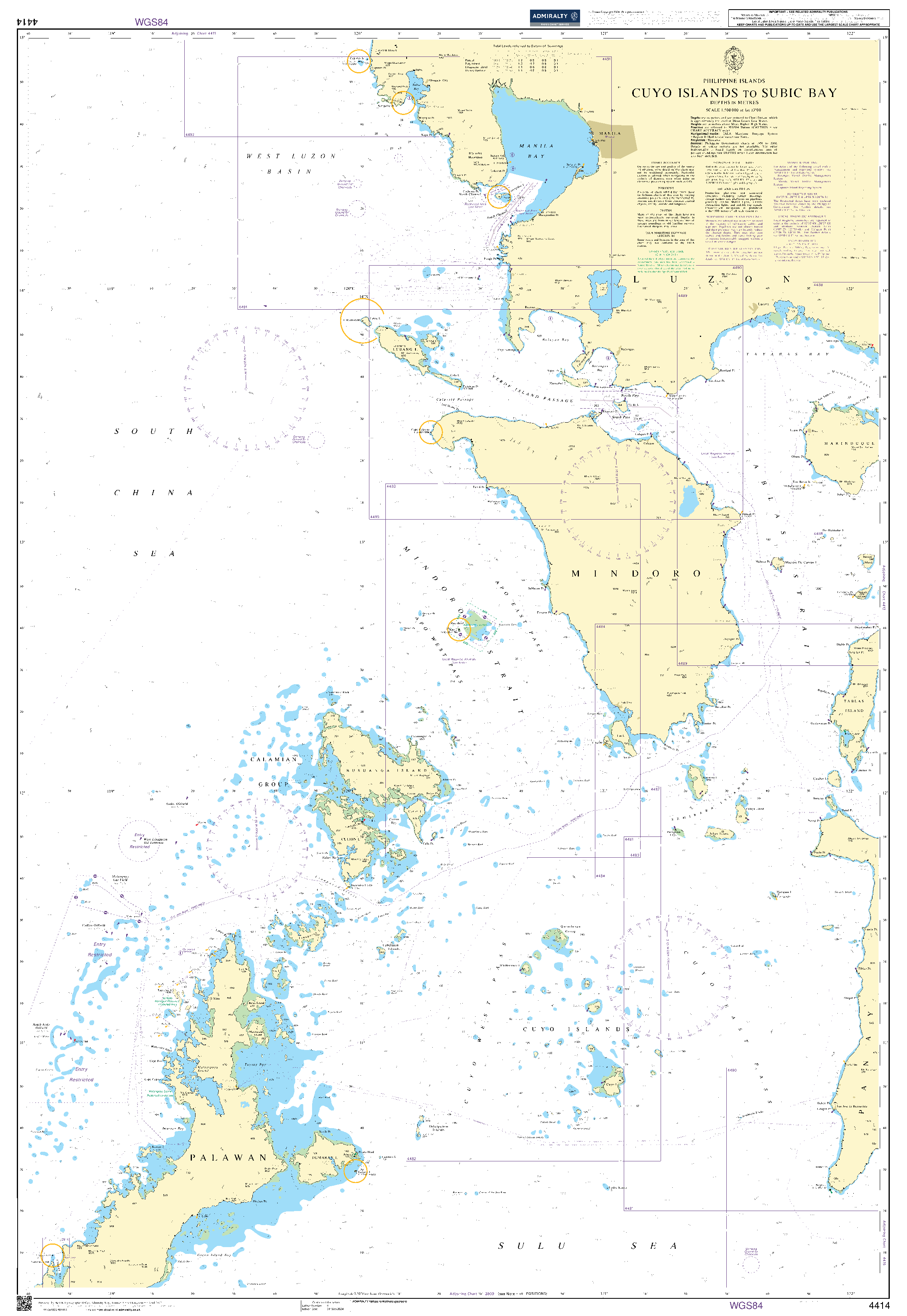 British Admiralty Nautical Chart 4414: Cuyo Islands to Subic Bay