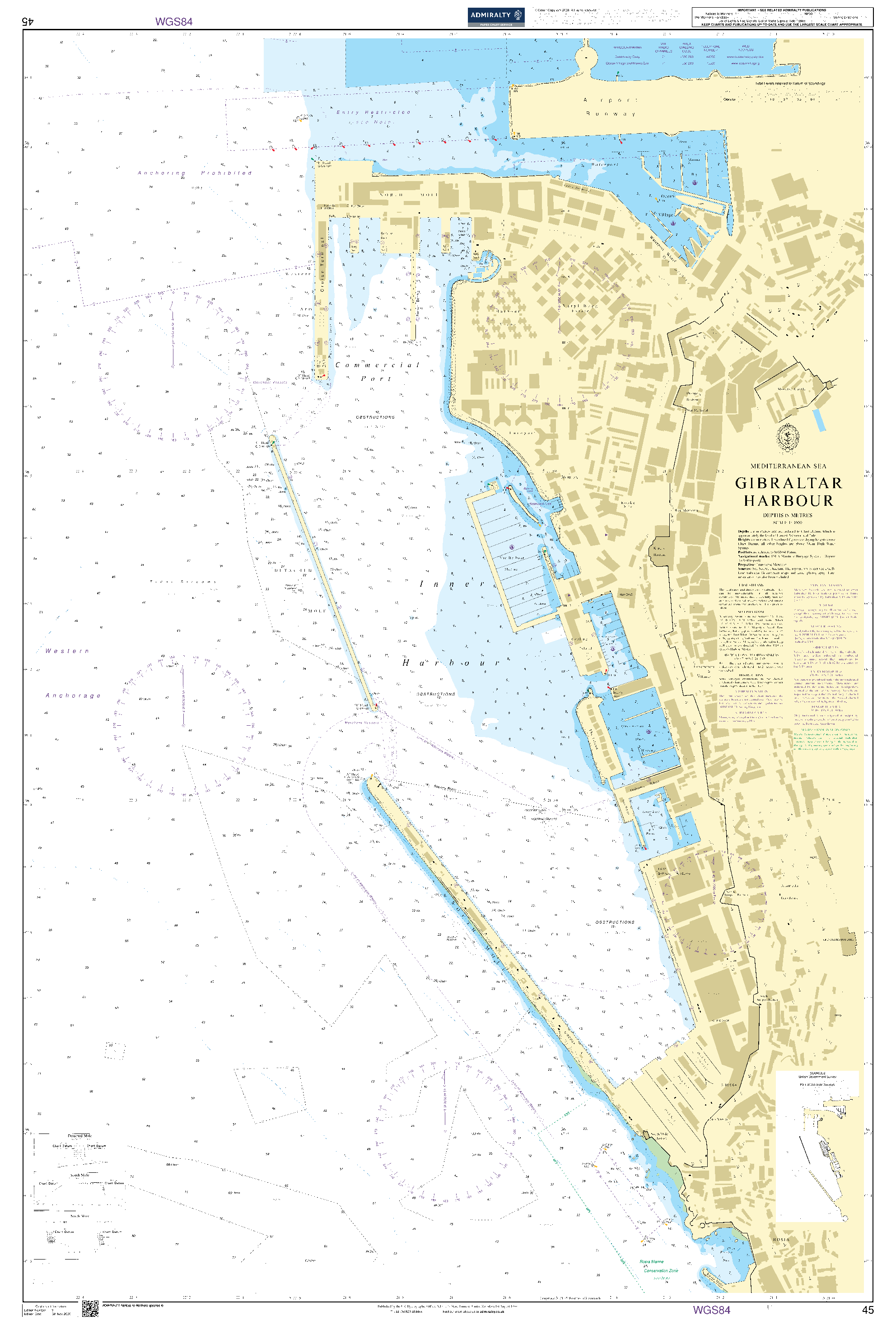 British Admiralty Nautical Chart 45: Mediterranean Sea, Gibraltar Harbour