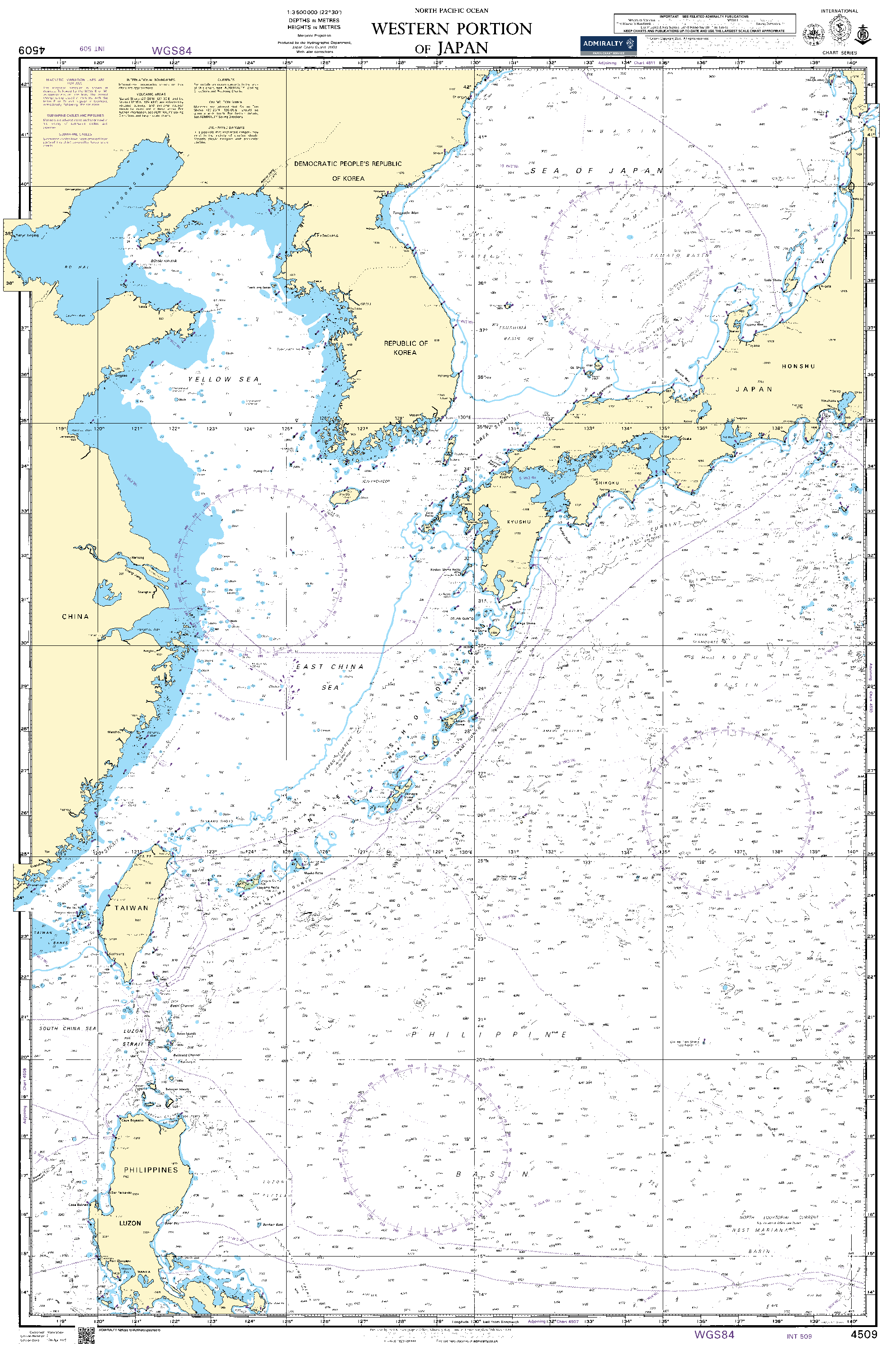 British Admiralty Nautical Chart 4509: Western Portion of Japan