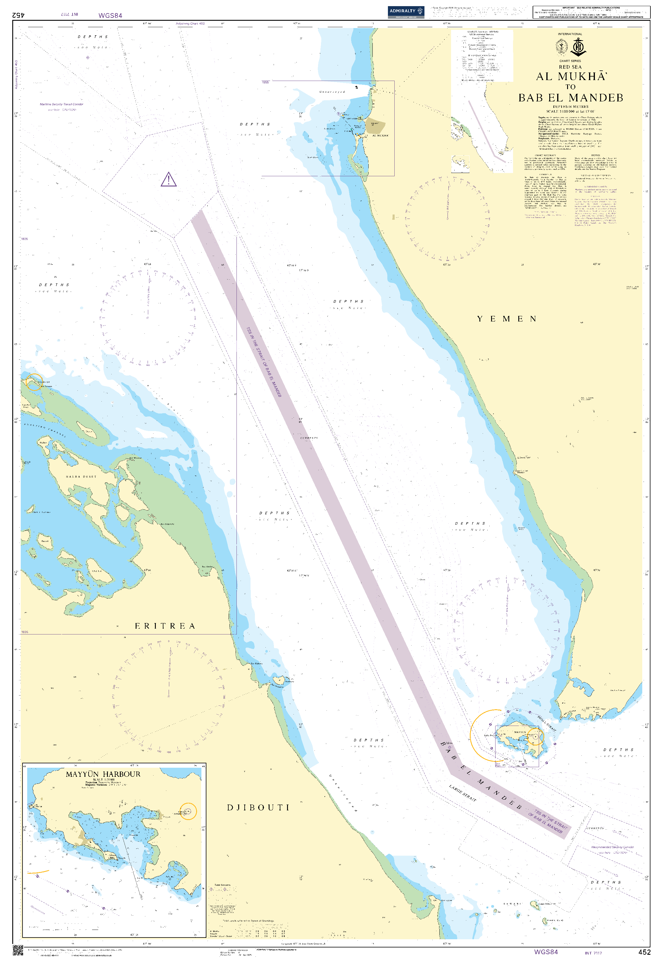 British Admiralty Nautical Chart 452: Red Sea, Al Mukha' to Bab el Mandeb. Mayyun Harbour