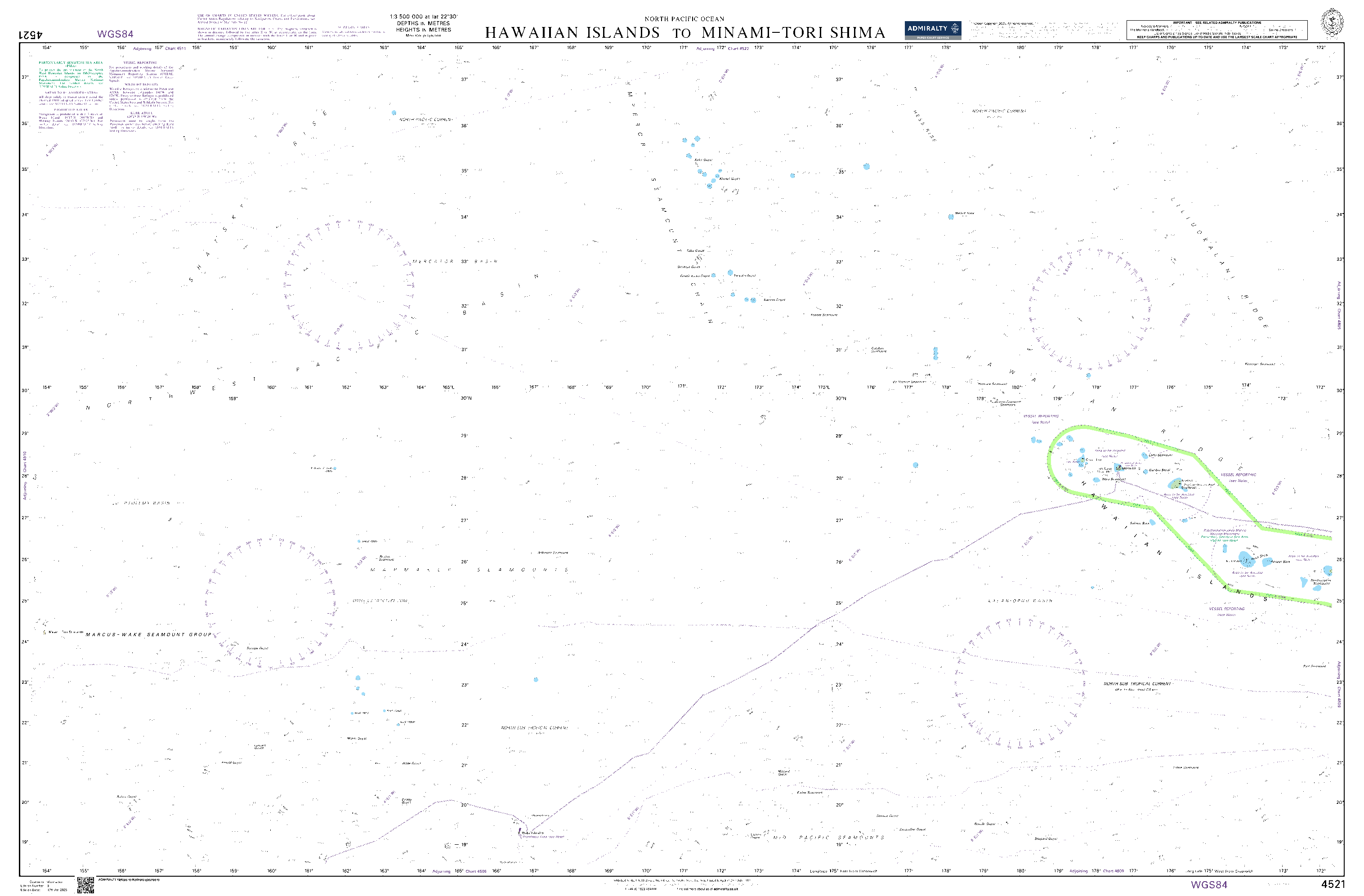 British Admiralty Nautical Chart 4521: Hawaiian Islands to Minami-tori Shima