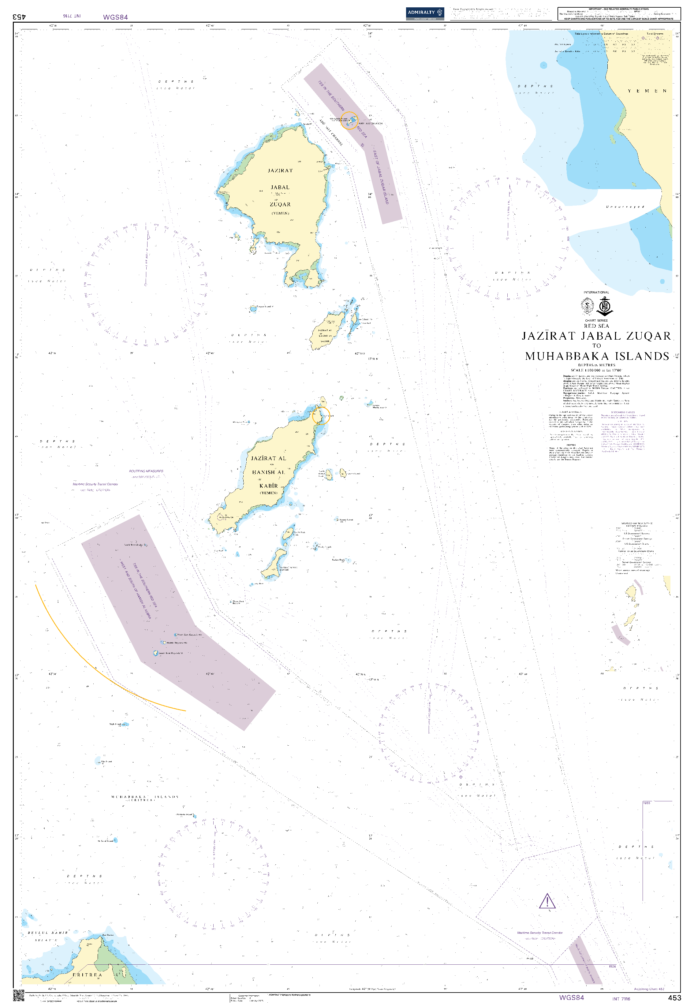 British Admiralty Nautical Chart 453: Red Sea, Jazirat Jabal Zuqar to Muhabbaka Islands