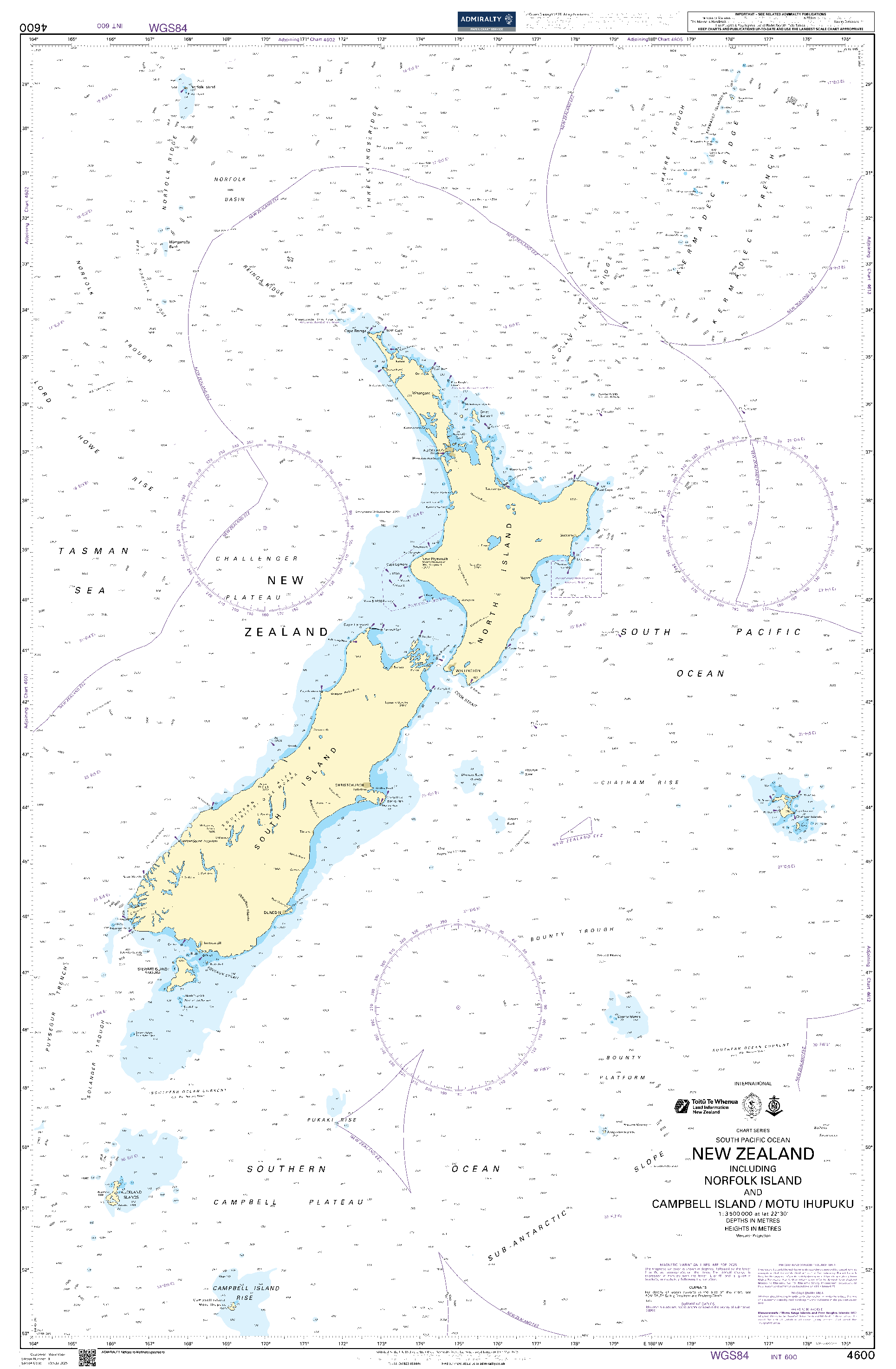 British Admiralty Nautical Chart 4600: New Zealand including Norfolk Island and Campbell Island