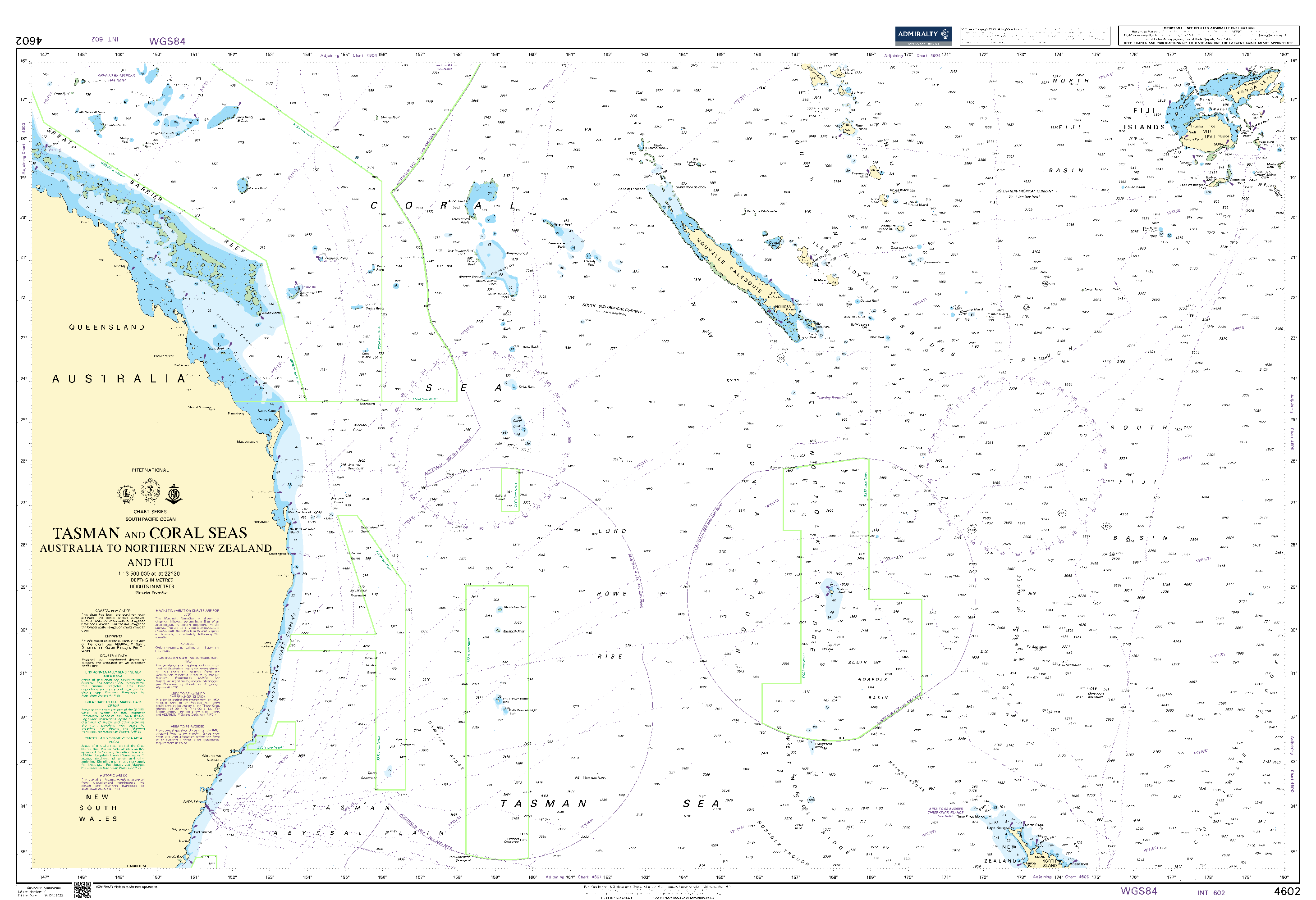 British Admiralty Nautical Chart 4602: South Pacific Ocean, Tasman and Coral Seas, Australia to Northern New Zealand and Fiji