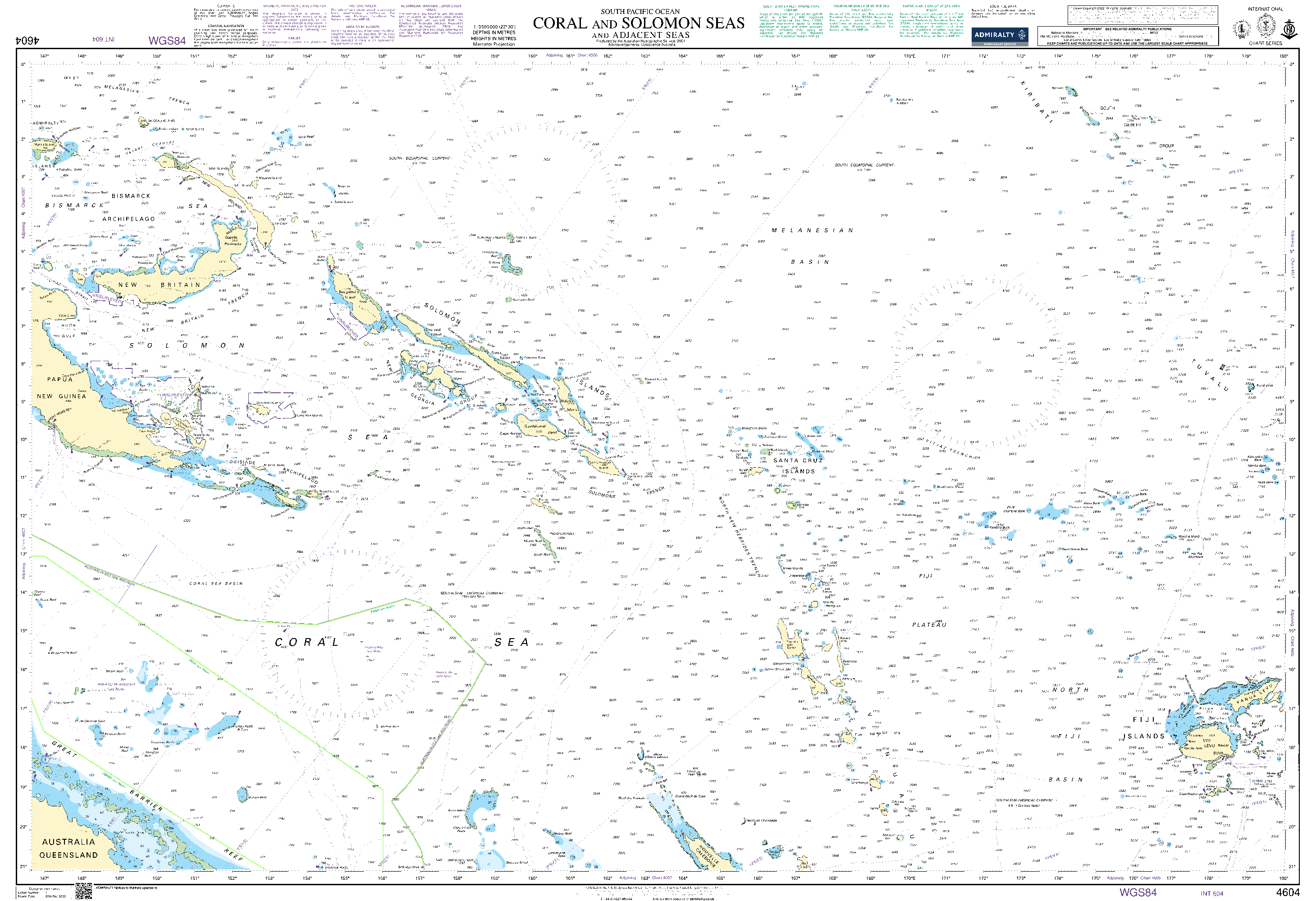 British Admiralty Nautical Chart 4604: South Pacific Ocean, Coral and Solomon Seas and Adjacent Seas