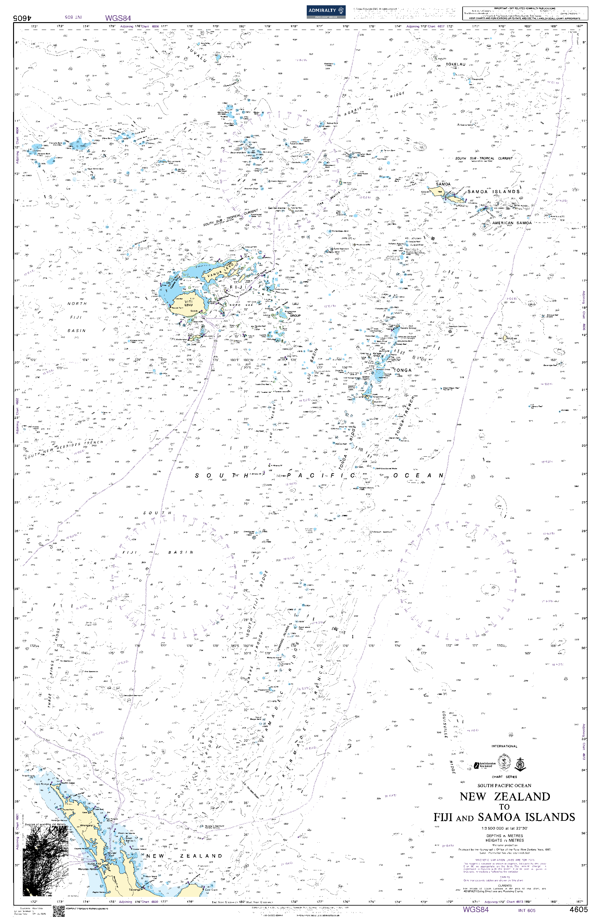 British Admiralty Nautical Chart 4605: New Zealand to Fiji and Samoa Islands