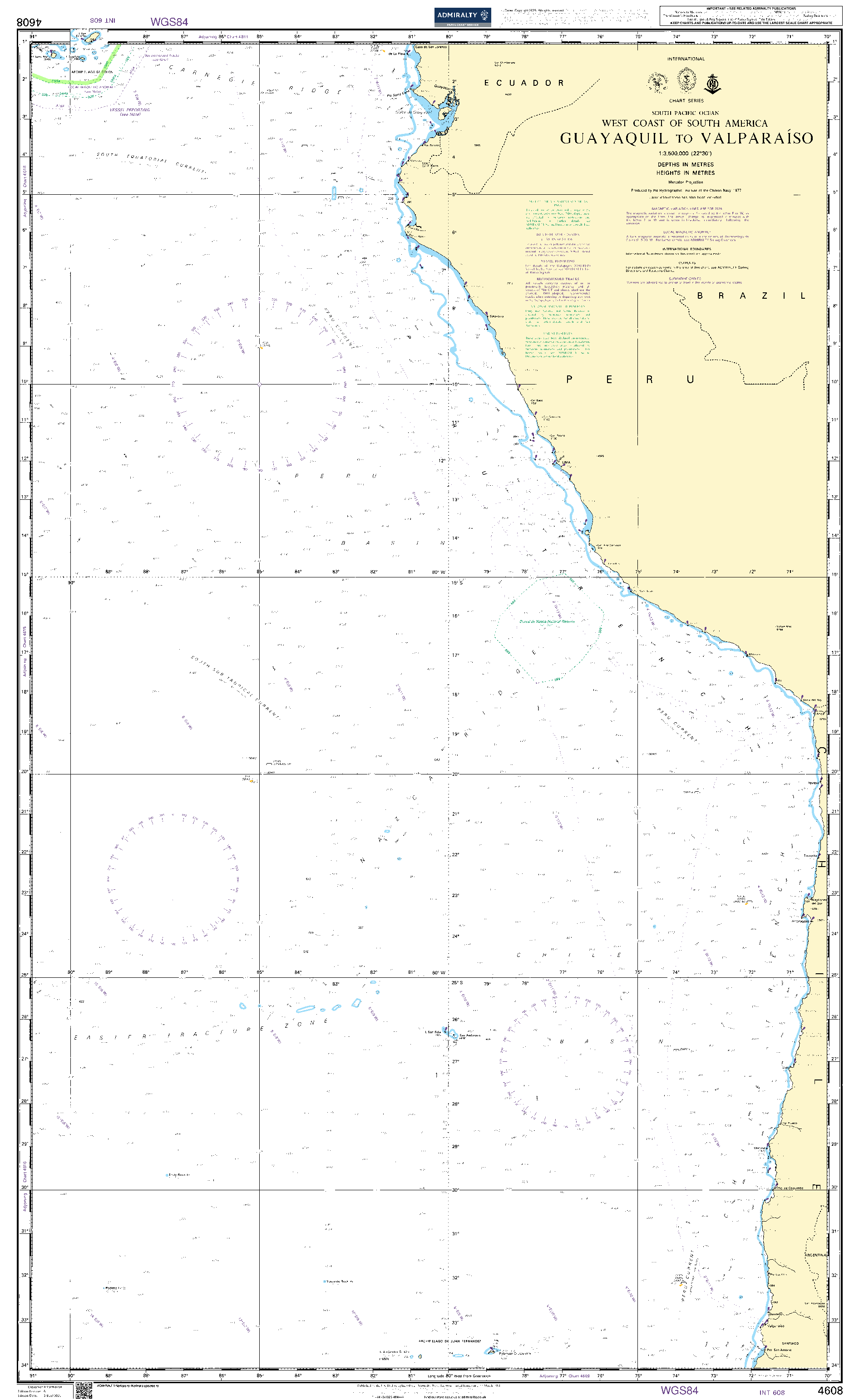 British Admiralty Nautical Chart 4608: Guayaquil to Valparaiso