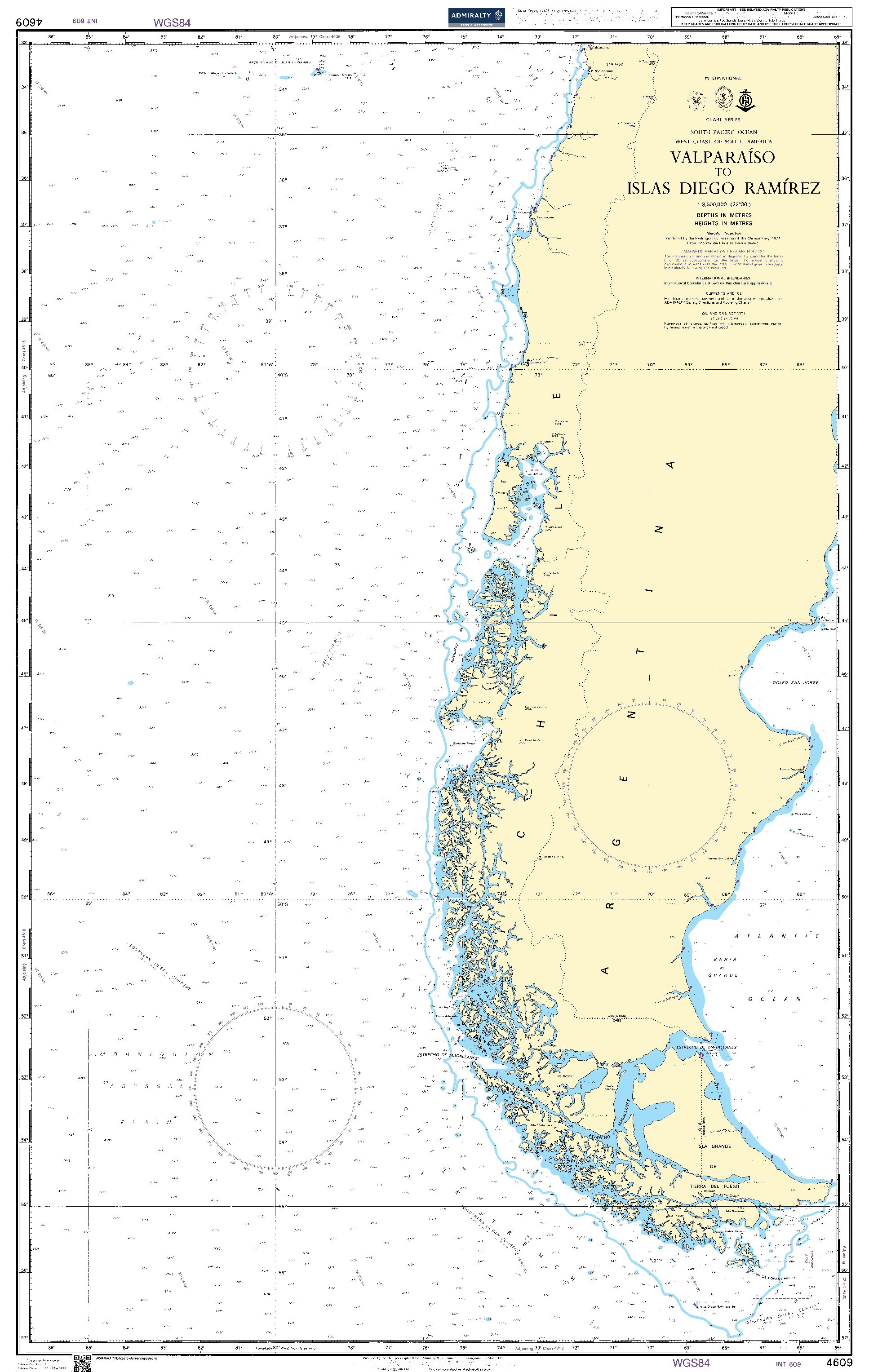 British Admiralty Nautical Chart 4609: Valparaiso to Islas Diego Ramirez