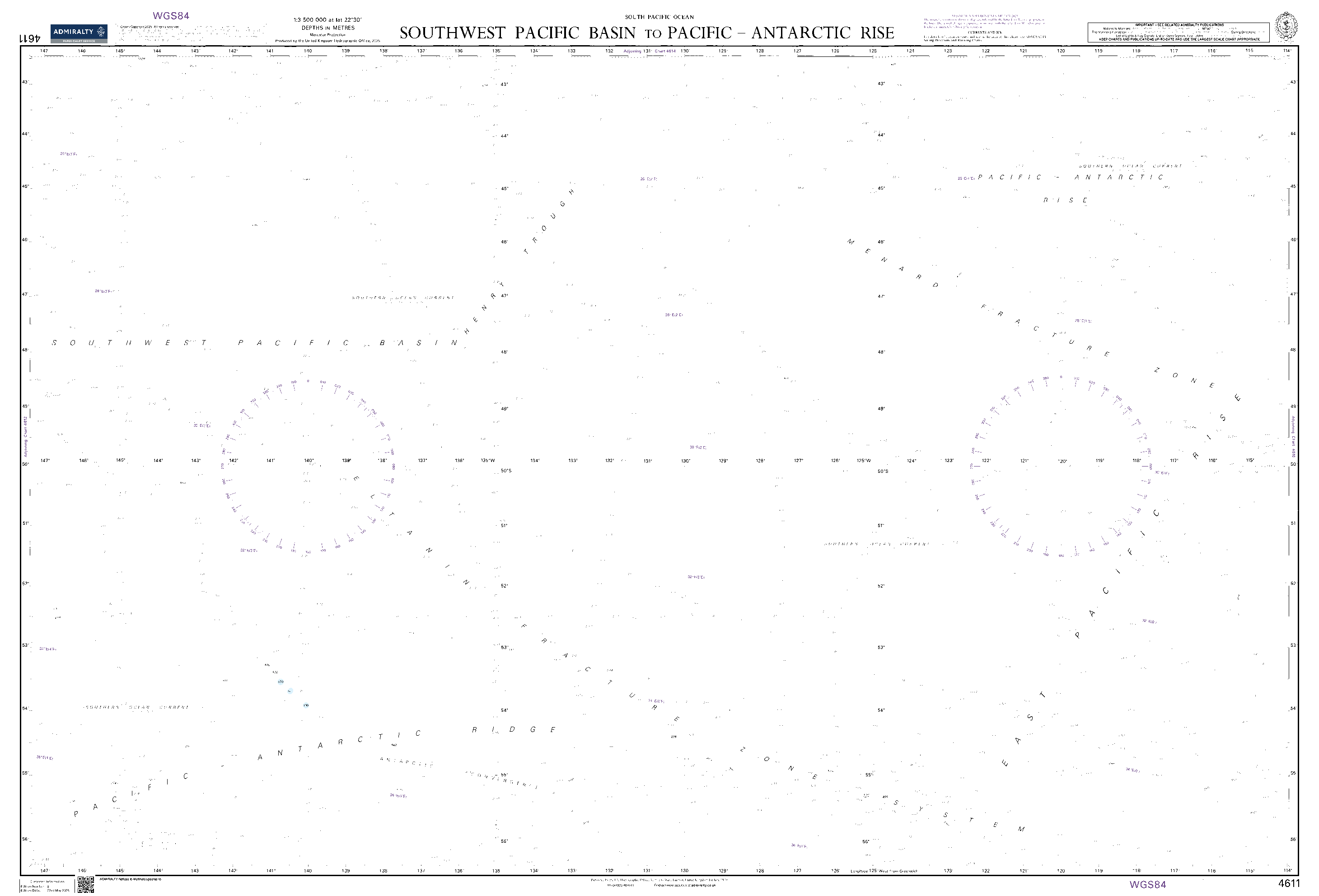 British Admiralty Nautical Chart 4611: Southwest Pacific Basin to Pacific-Antarctic Rise