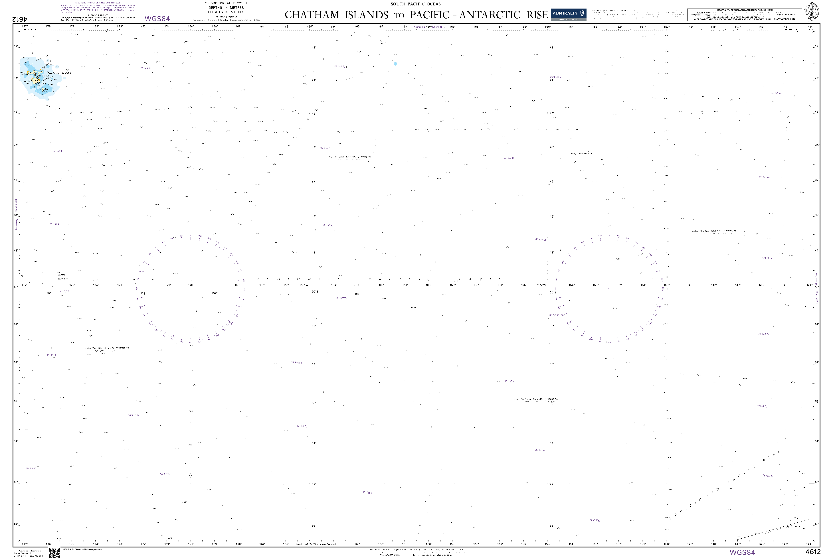 British Admiralty Nautical Chart 4612: Chatham Islands to Pacific-Antarctic Rise
