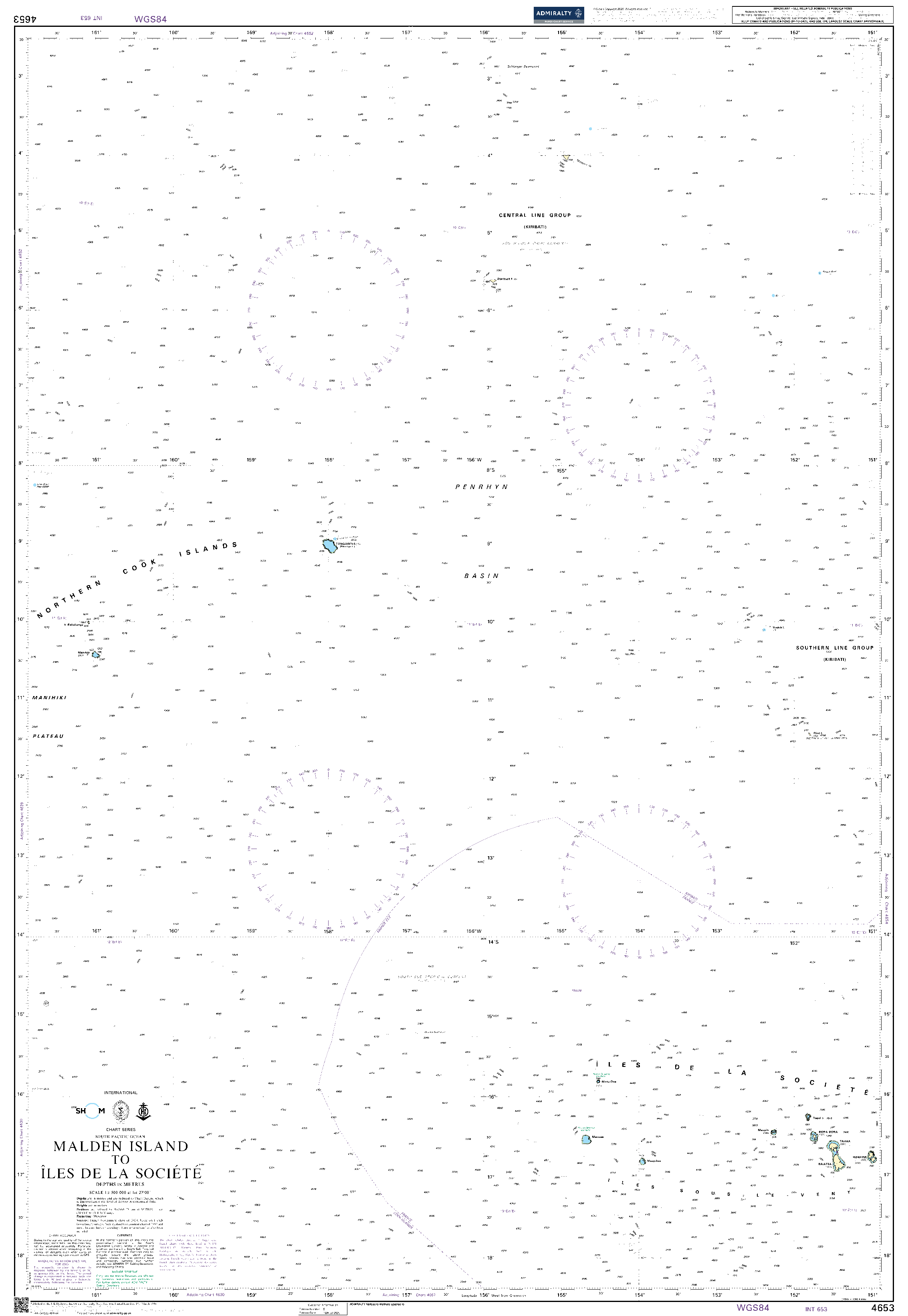 British Admiralty Nautical Chart  4653: Malden Island to Iles de la Societe