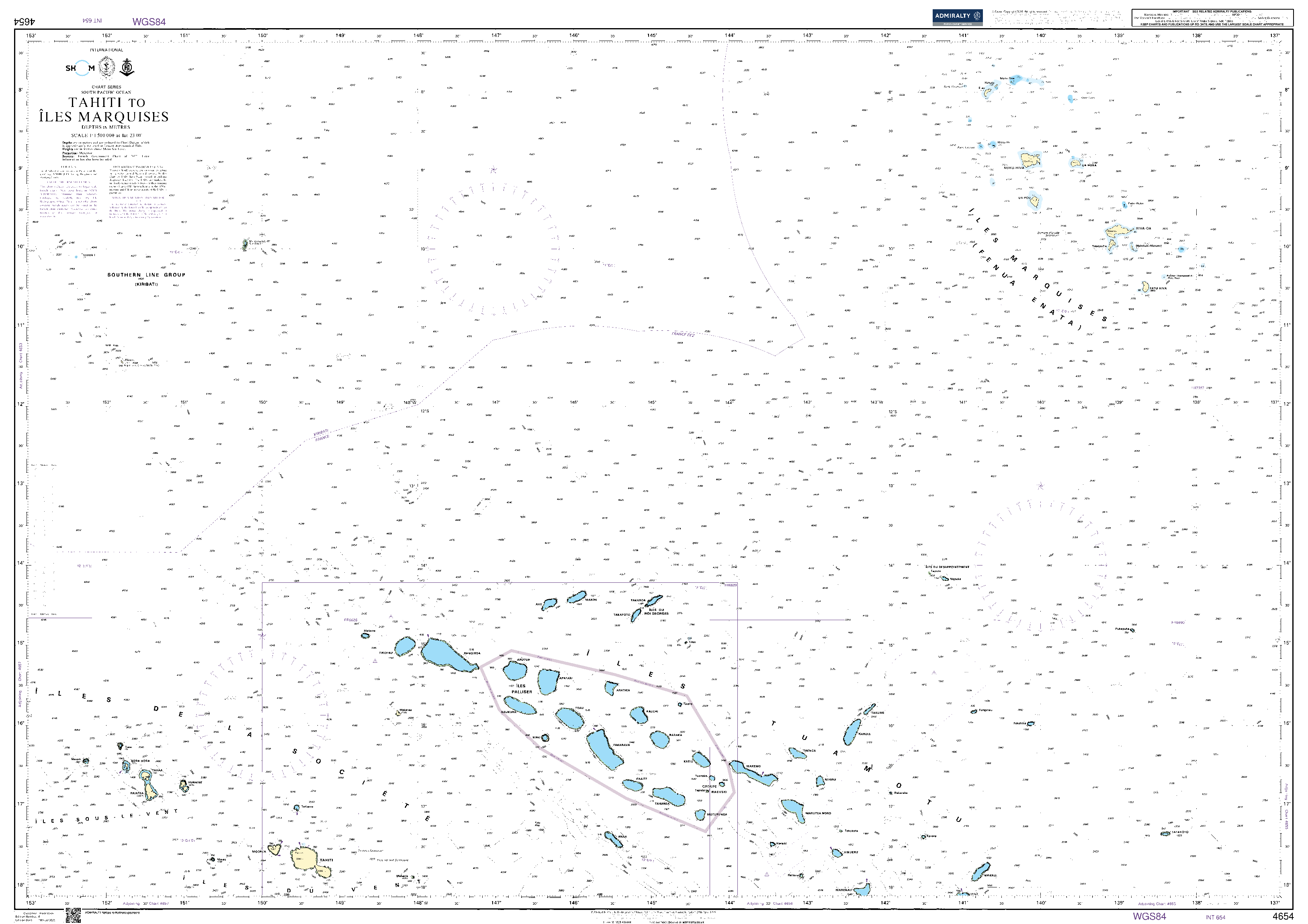 British Admiralty Nautical Chart 4654: Tahiti to Iles Marquises