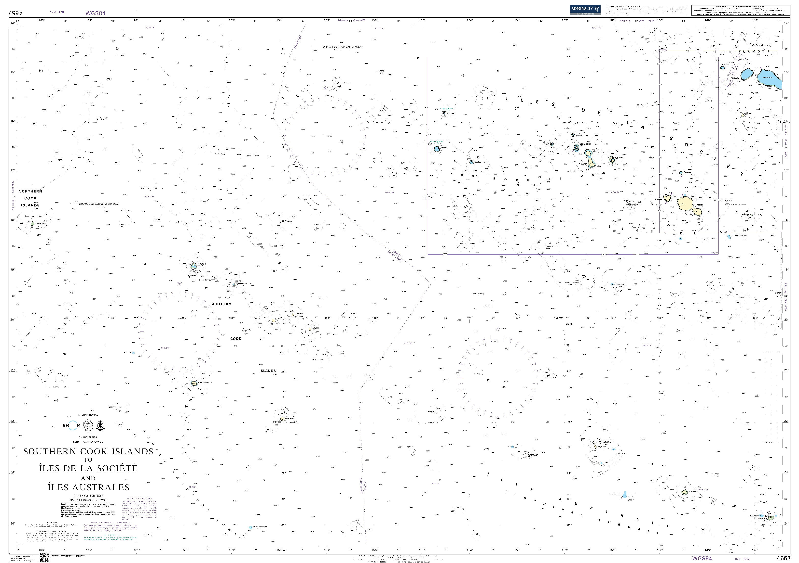 British Admiralty Nautical Chart  4657: Southern Cook Islands to Iles de la Societe and Iles Australes