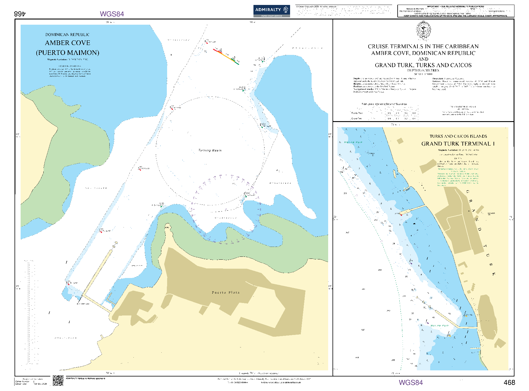 British Admiralty Nautical Chart 468: Cruise Terminals in the Caribbean Amber Cove, Dominican Republic and Grand Turk, Turks and Caicos