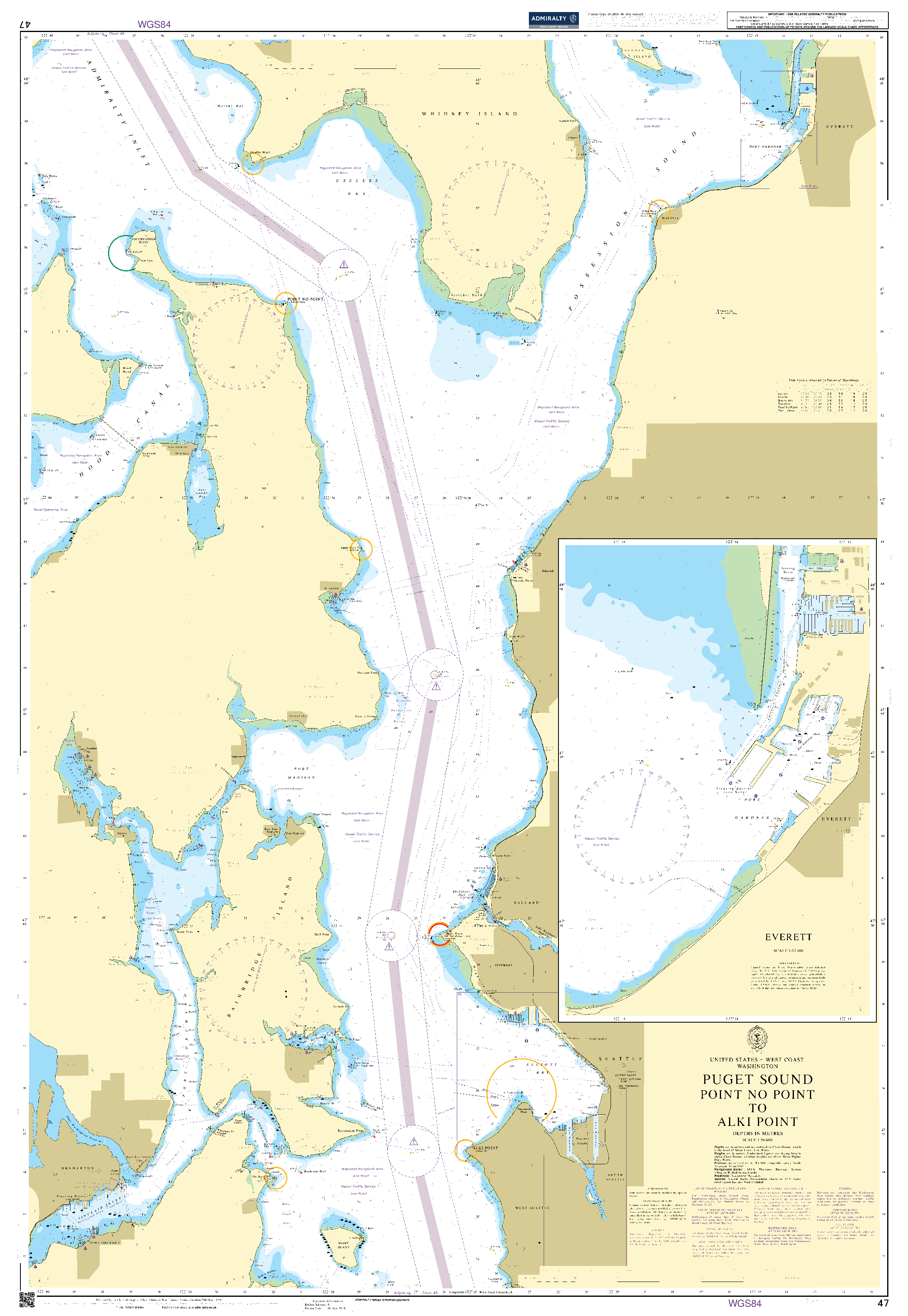 British Admiralty Nautical Chart 47: United States - West Coast, Washington, Puget Sound, Point No Point to Alki Point. Everett